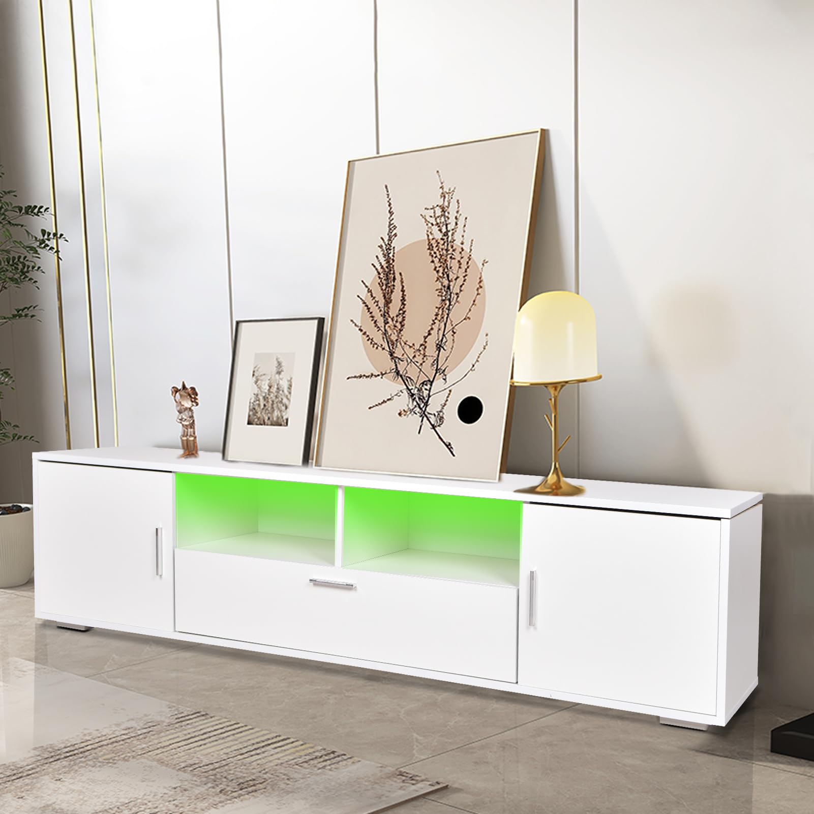 HOUAGI 70 Inch LED TV Stand with Storage Drawers - Modern Entertainment Center for Living Room & Bedroom - White - Perfect for Home Theater Setup & Media Storage Organization
