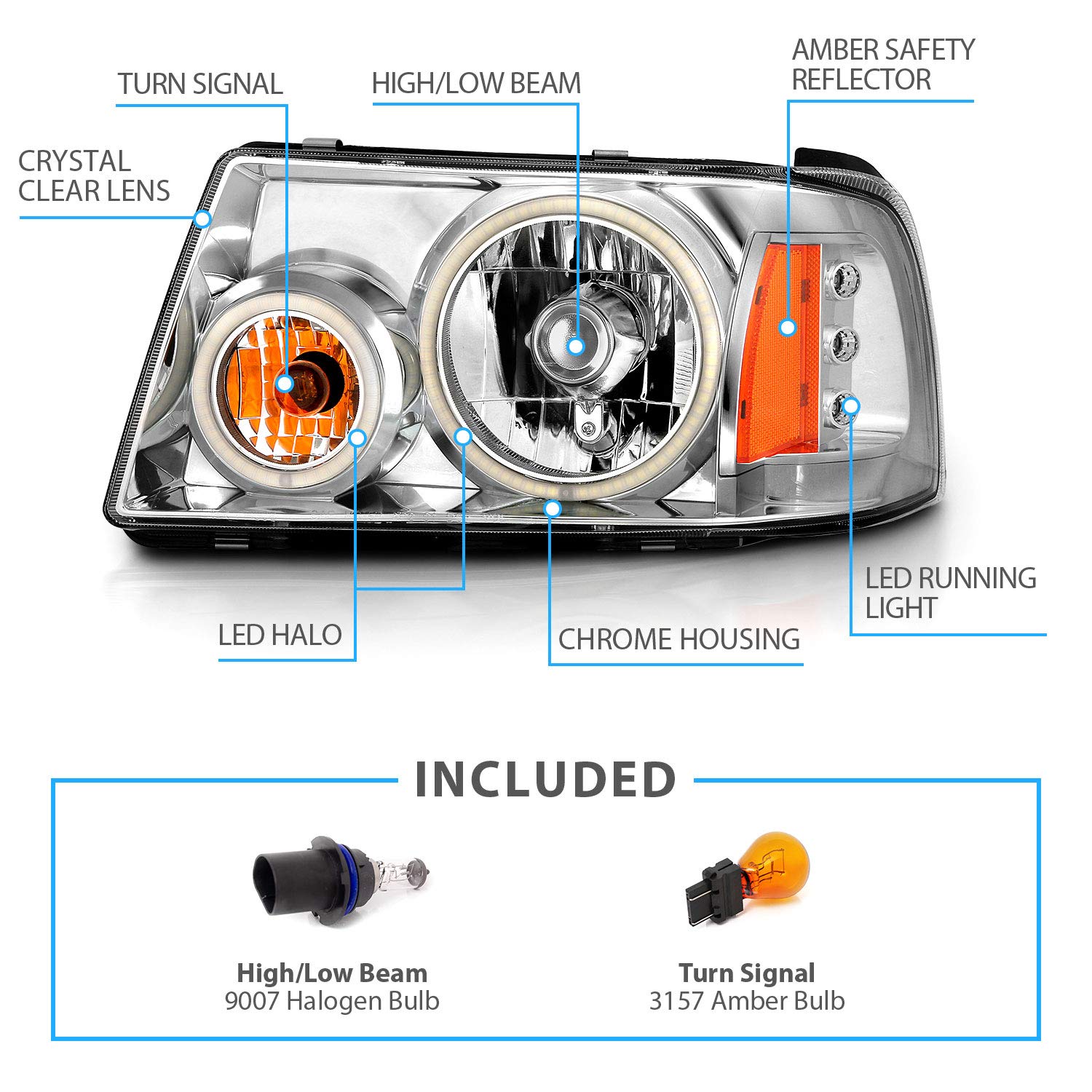 AmeriLite Chrome Replacement LED Headlights with Halo - 1pc Dual Set for 2001-2011 Ford Ranger (Passenger & Driver Side) | Upgrade Lighting for Night Driving & Off-Road Adventures
