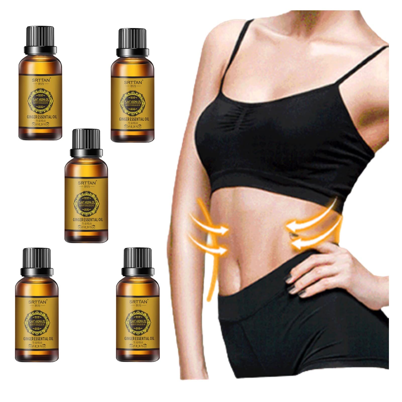 Organic Ginger Essential Oil for Belly Lymphatic Drainage & Slimming - Natural Anti-Aging Massage Oil for Swelling & Pain Relief - Herbal Body Care (5PCS, 10ML) - Perfect for Post-Workout Recovery & Relaxing Spa Treatments
