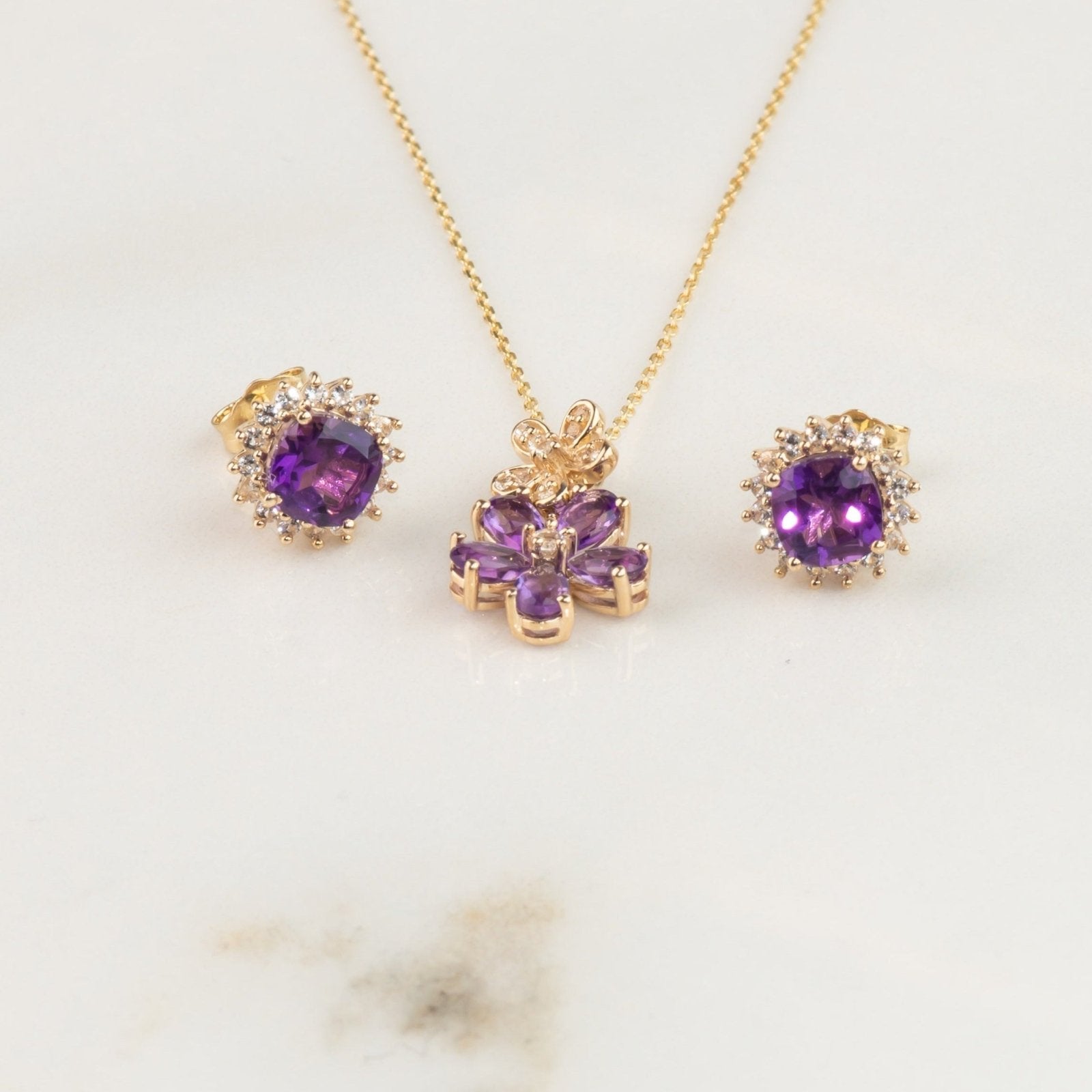 10K Yellow Gold Amethyst and Sapphire Halo Stud Earrings for Women - Elegant Purple Gemstone Jewelry for Daily Wear, Parties & Special Occasions