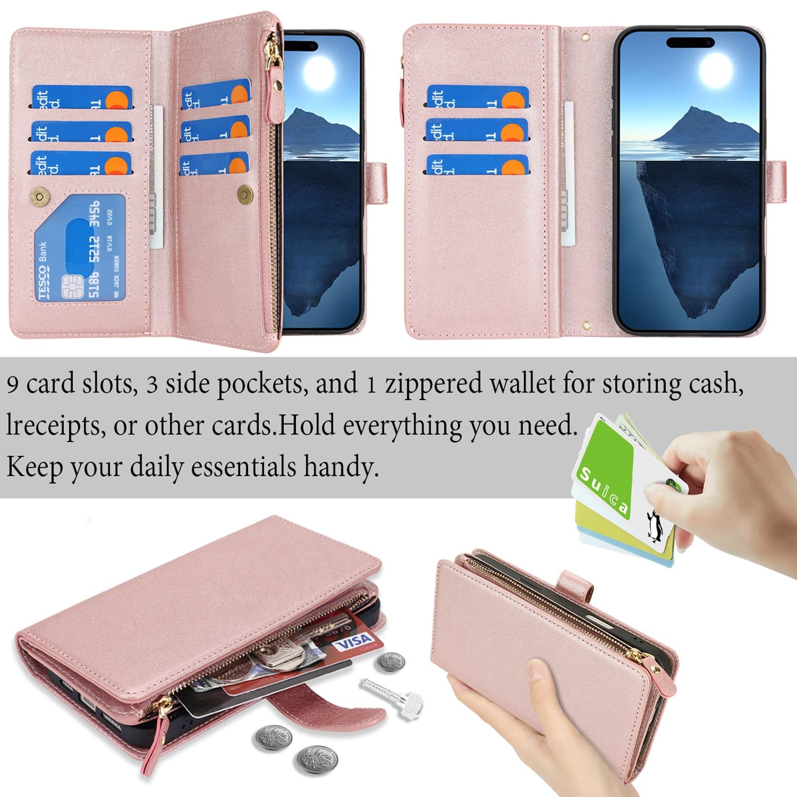 Jaorty iPhone 16 Pro 5G Wallet Case with Card Holder & Zipper Pocket - PU Leather Crossbody Phone Case with Strap for Women (6.3
