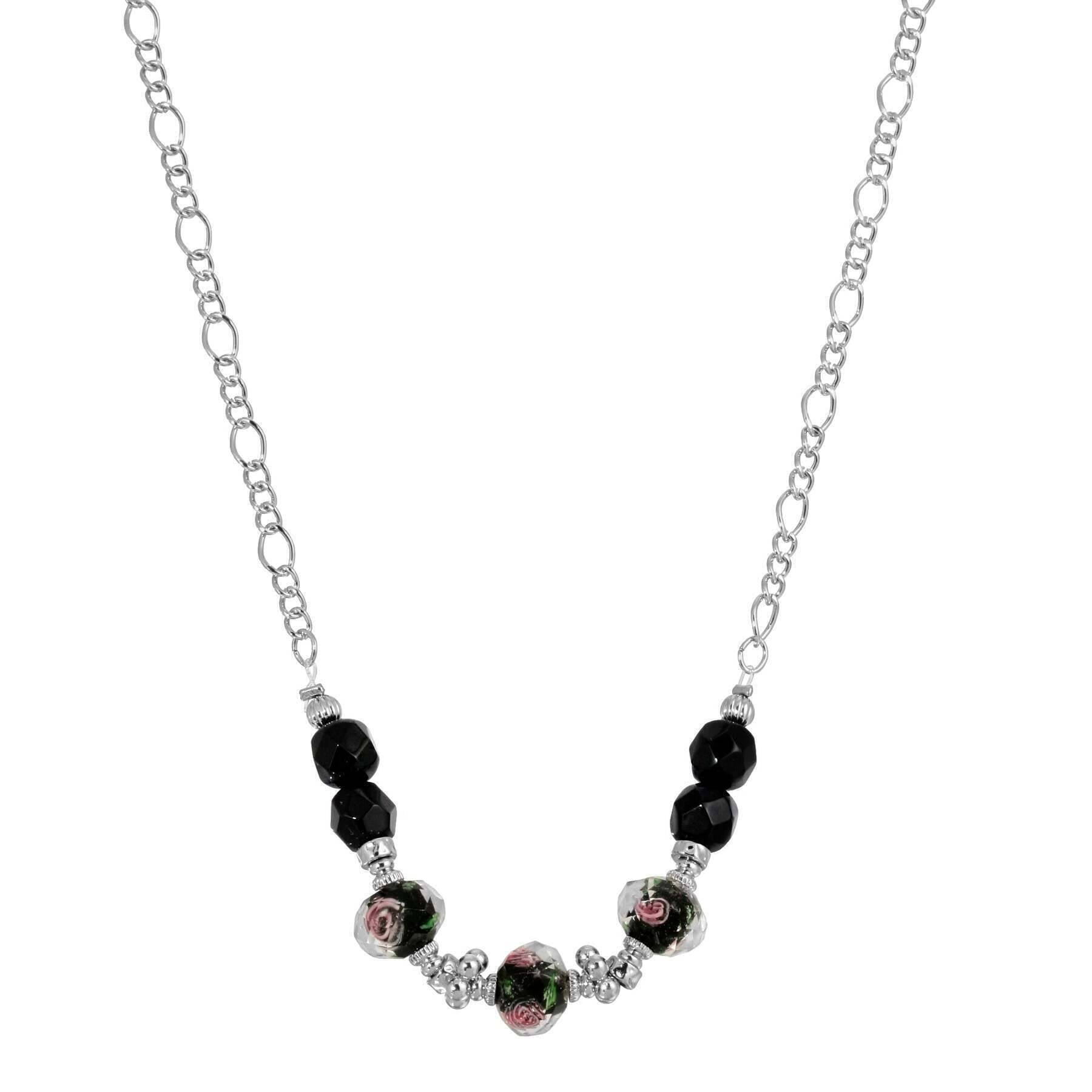 1928 Jewelry Black Floral Beaded Necklace - 16