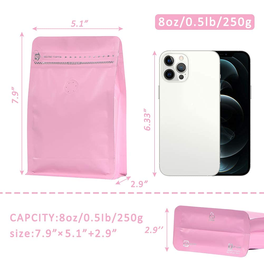 Premium Flat Bottom Coffee Bags with One-Way Valve - High Barrier Aluminum Foil Stand-Up Pouches for Fresh Coffee Beans Storage (8oz/50pc, Pink) | Reusable, Heat Sealable with Side Zipper | Perfect for Home Roasters, Coffee Shops & Bulk Storage