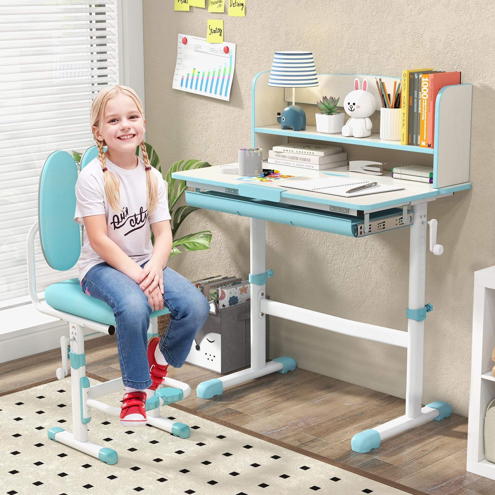 Costzon Adjustable Kids Desk with Storage Drawer & Hutch - Ergonomic Study Desk for Children, Height Adjustable Student Writing Table with Tilt Top & Scale Ruler - Perfect for Boys & Girls Bedroom, Homeschooling & Online Learning (Blue)