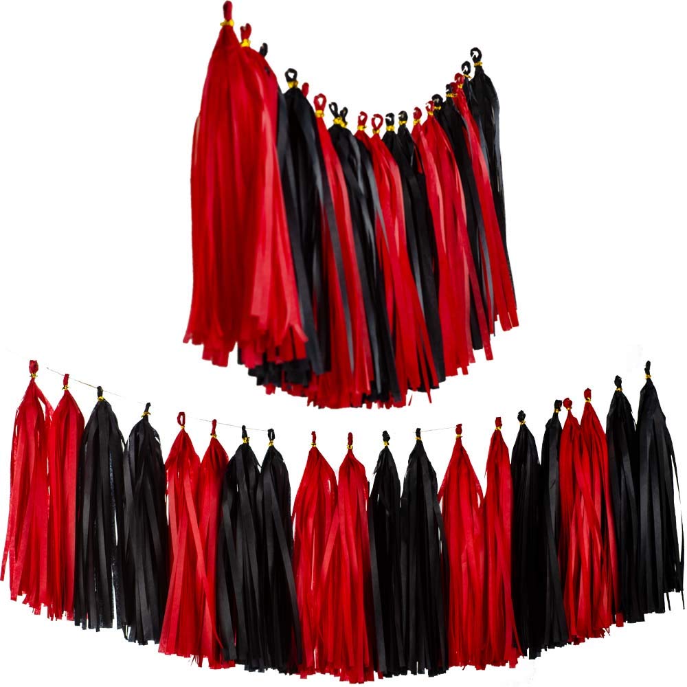 Aimto 20pcs Black and Red Shiny Tassel Garland Banner - Tissue Paper Party Decorations for Birthday, Wedding, Baby Shower & Holiday Celebrations