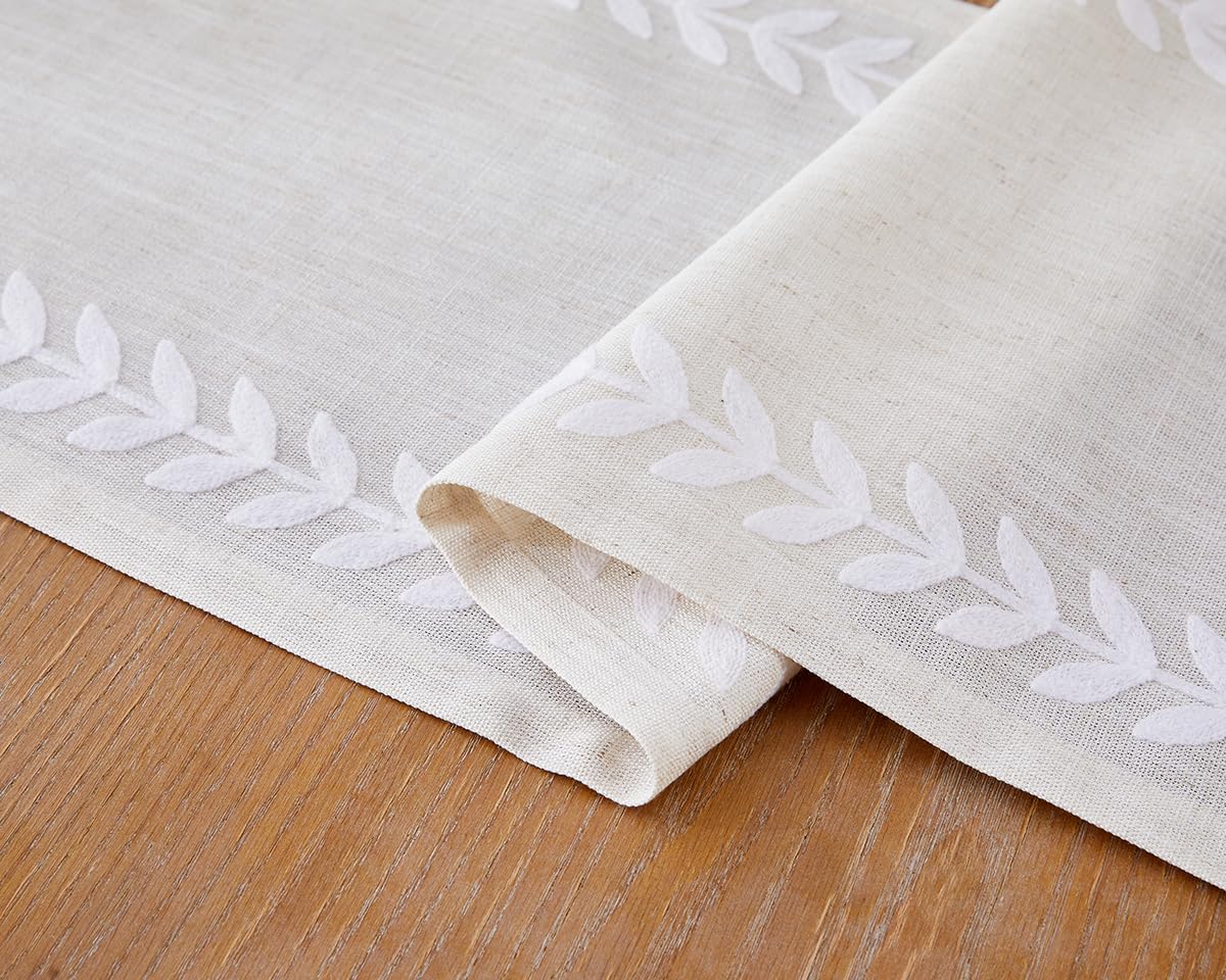 Wracra Embroidered Table Runner - 14 x 72 Inch Irregular Willow Leaf Design, White Linen Dining Table Decor for Home, Wedding & Holiday Parties - Perfect for Dressers, Buffets & Formal Dining Tables