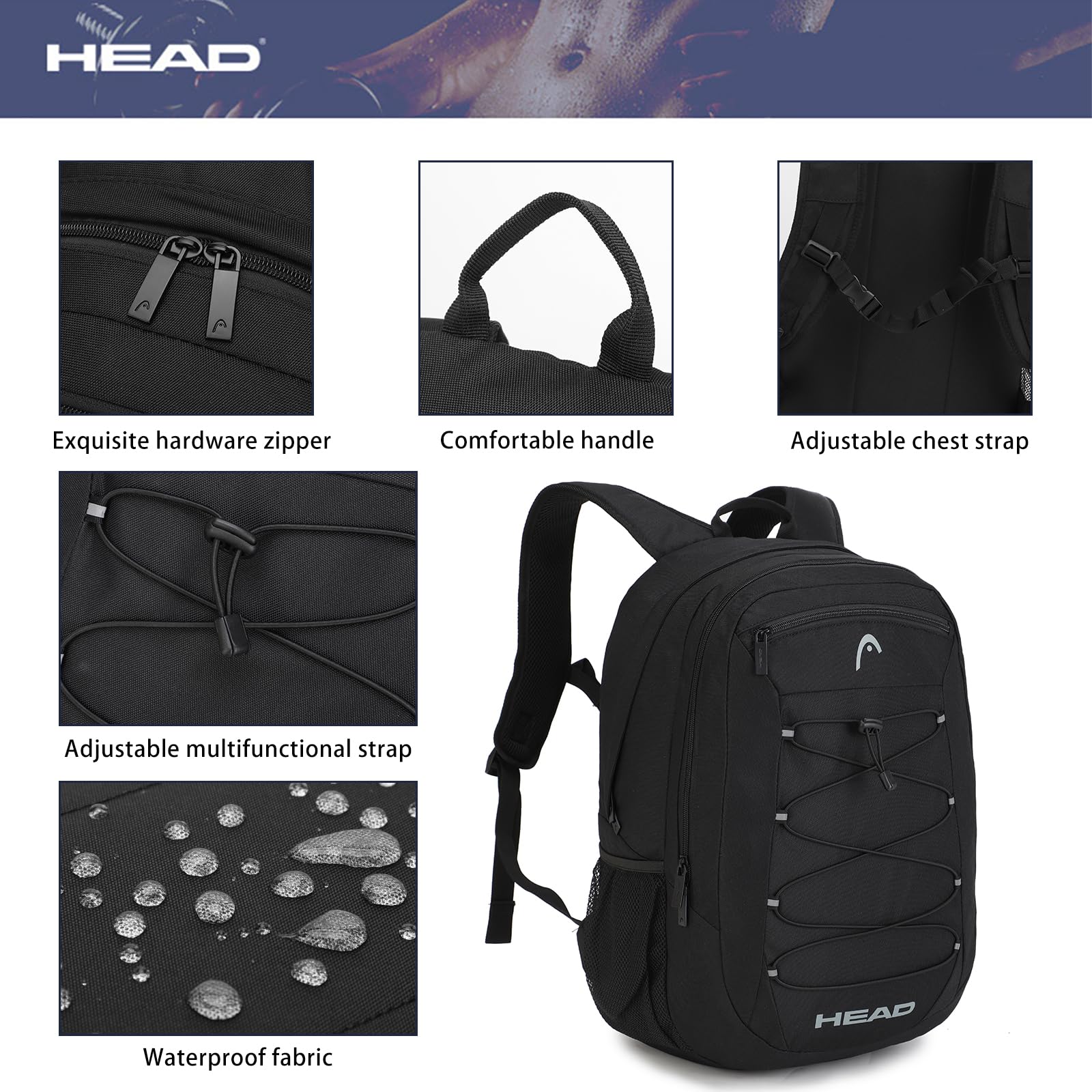 HEAD 30L Waterproof Travel Backpack for Men - Lightweight Laptop Backpack Fits 15.6 Inch Notebook - Durable College, Gym, Hiking & Work Backpack - Perfect for Commuting, Outdoor Adventures & Daily Use