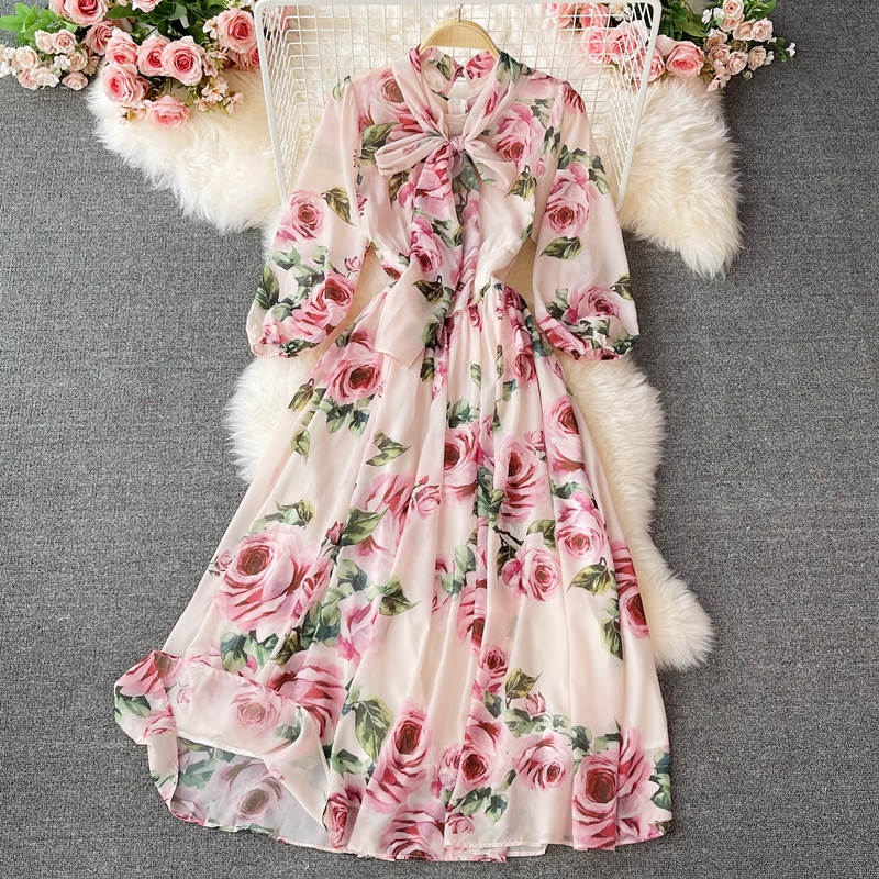 Fairy Rose Floral Print Dress with Bow Tie - Elegant Long Skirt for Women | Perfect for Weddings, Parties & Special Occasions