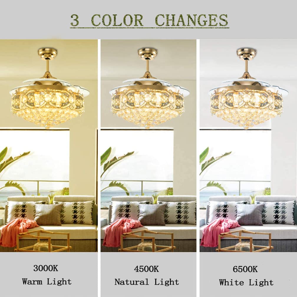 Modern Crystal Ceiling Fan with Lights & Remote - Invisible Retractable Chandelier Fan with 3 LED Light Settings, Rose Gold - Perfect for Dining Room, Bedroom, Living Room & Home Decor