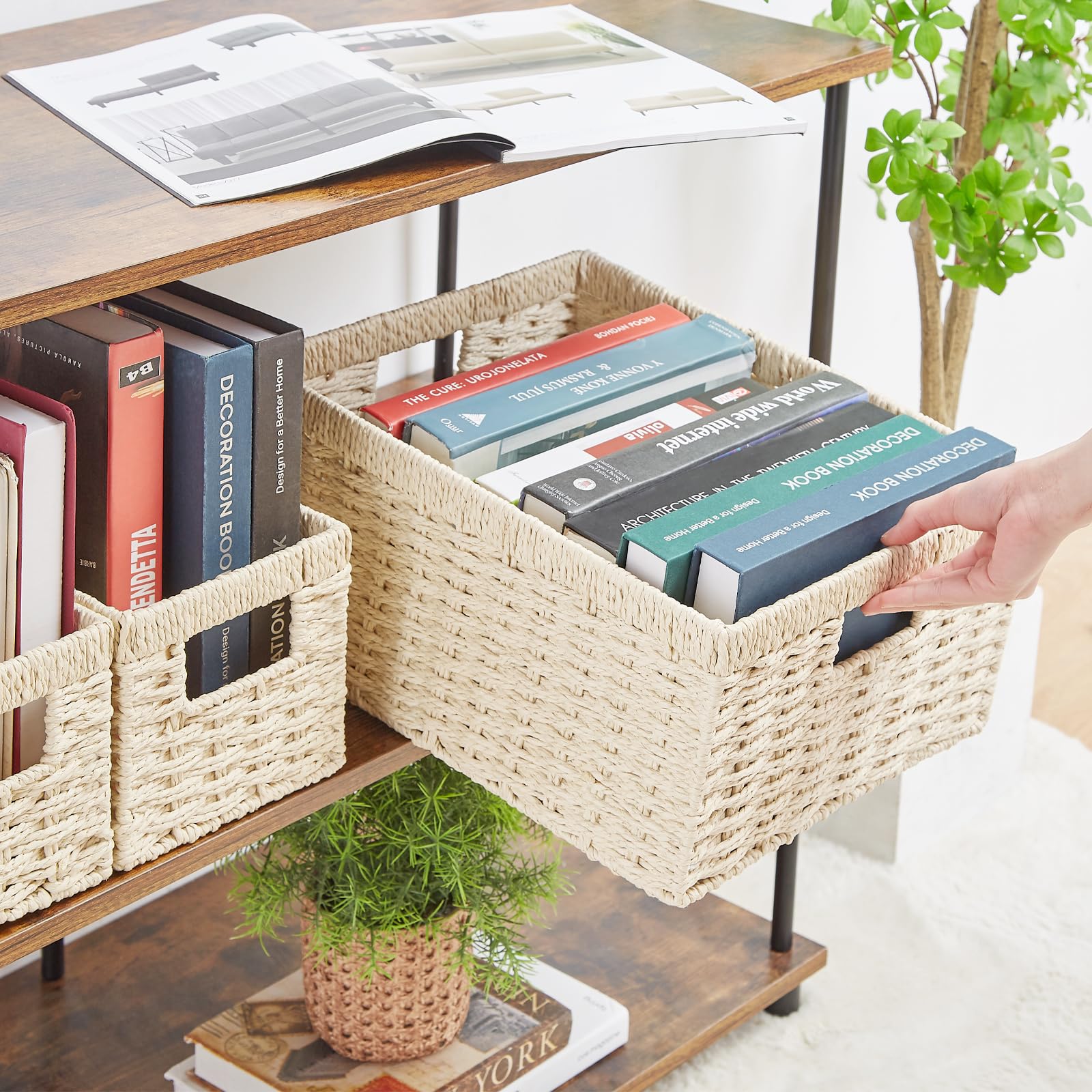 Vagusicc 6-Piece Woven Paper Rope Storage Basket Set - Large Cube Organizer Bins for Shelves, Bathroom, Living Room & Bedroom - Beige Wicker Baskets for Toilet Paper, Toys, Blankets & Home Organization