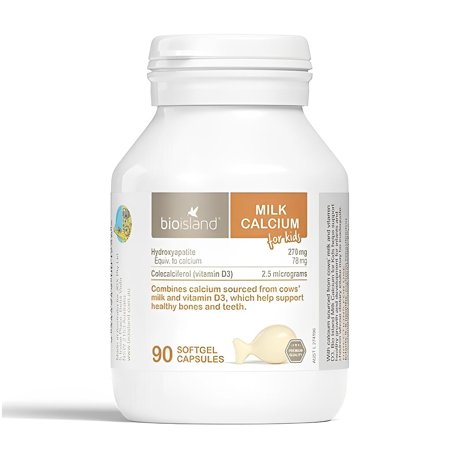 Bio Island Kids Milk Calcium Supplement - 90 Capsules for Strong Bones & Teeth | Supports Healthy Growth & Development