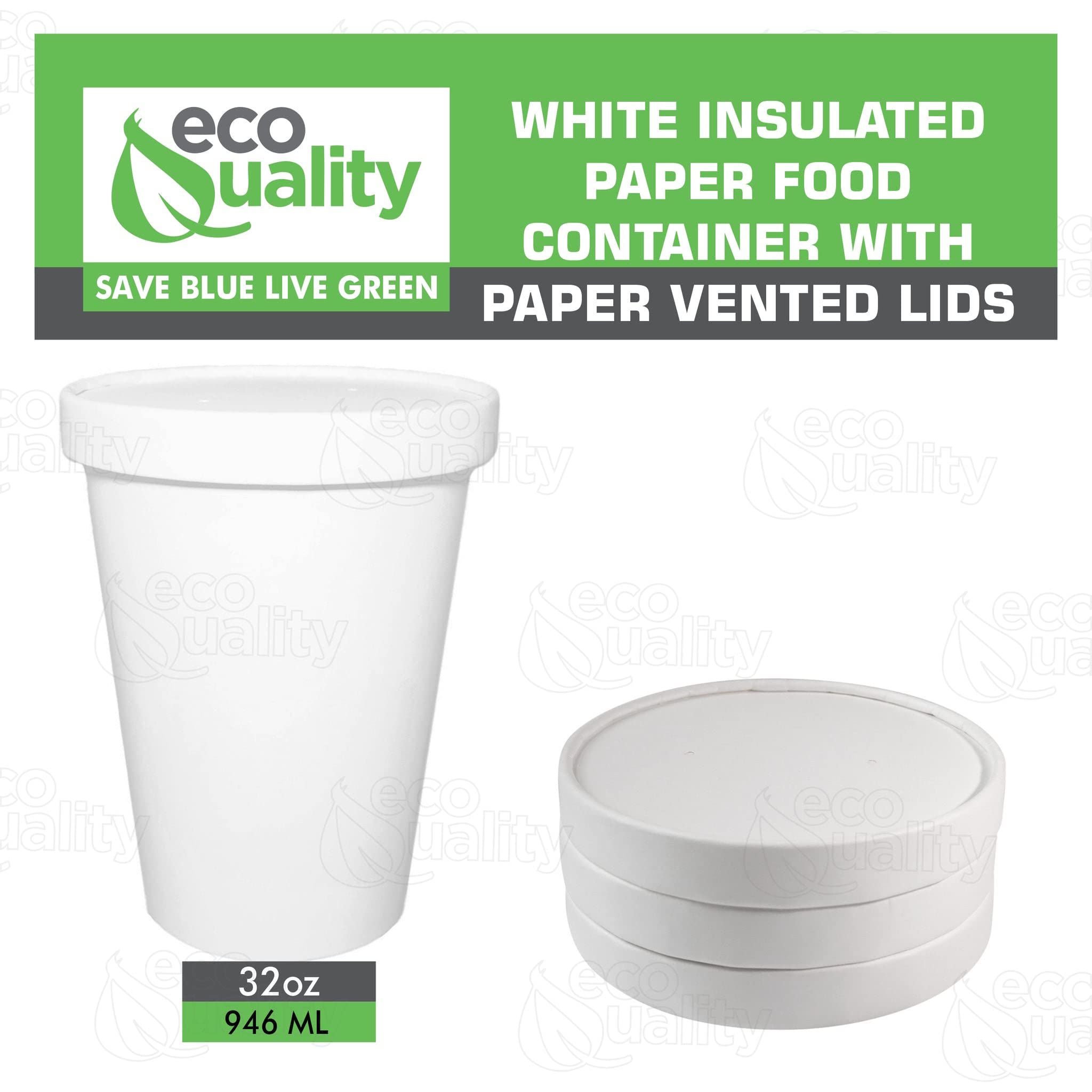 EcoQuality 32oz Disposable White Paper Soup Containers with Lids - Microwave Safe & Freezer Friendly Food Storage Bowls for Ice Cream, Frozen Yogurt, Desserts - Bulk Pack of 150 for Takeout, Parties & Catering