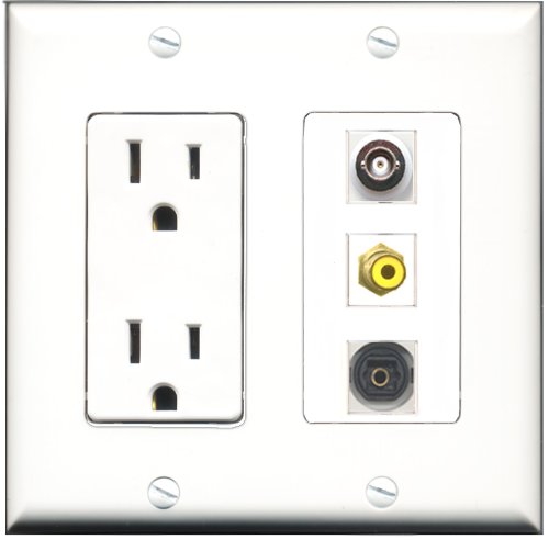RiteAV 15 Amp Power Outlet Wall Plate with 1 RCA Yellow Port, 1 Toslink Port & 1 BNC Port - Decorative Multi-Purpose Wall Plate for Home Theater, Audio Systems & Networking Setup