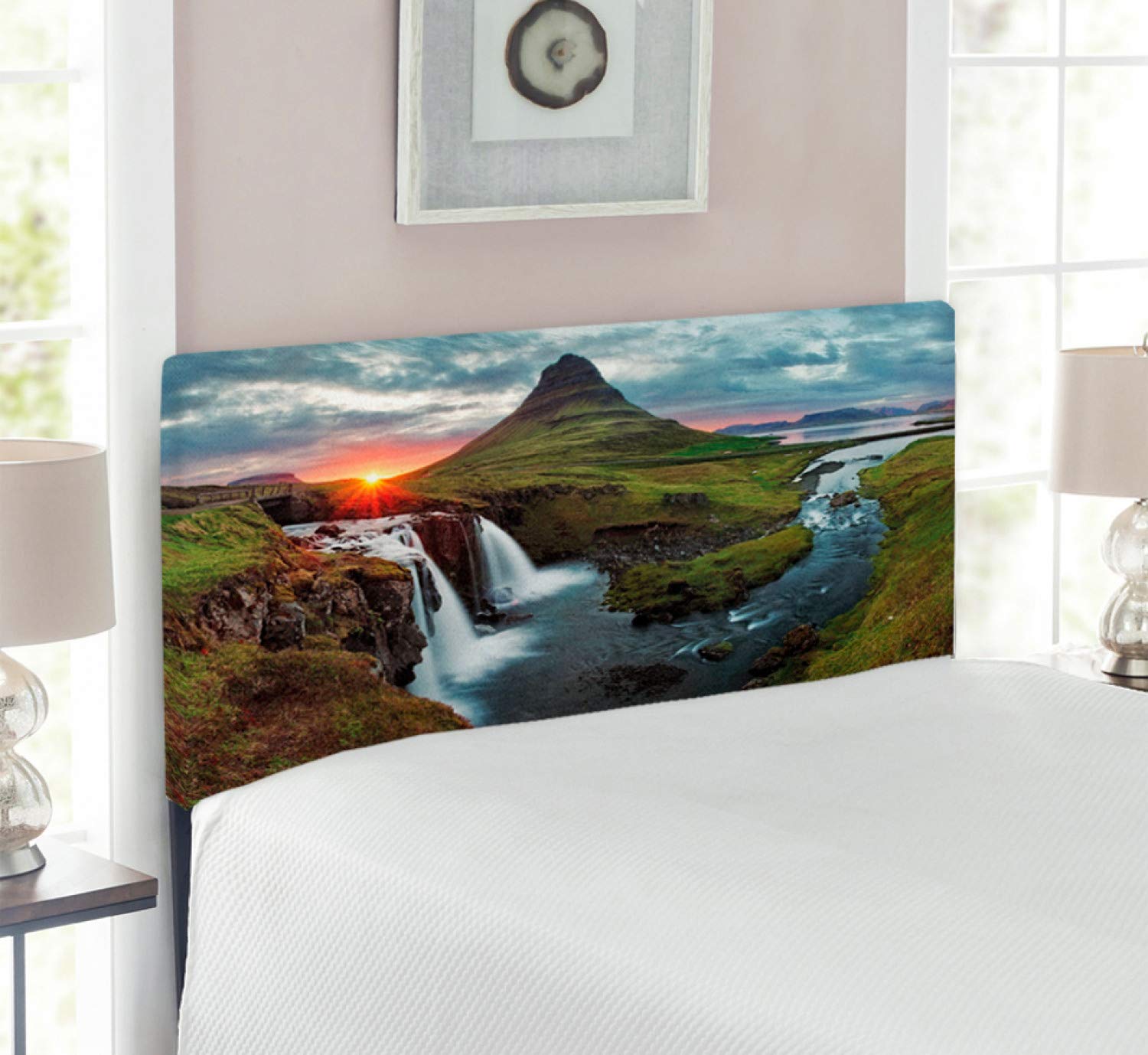 Ambesonne Twin Size Upholstered Headboard - Waterfall Iceland Sunset Mountain Volcanic Landscape Design with Memory Foam, Decorative Metal Bed Frame Headboard for Bedroom, Multicolor | Perfect for Nature-Themed Bedroom Decor & Cozy Sleep