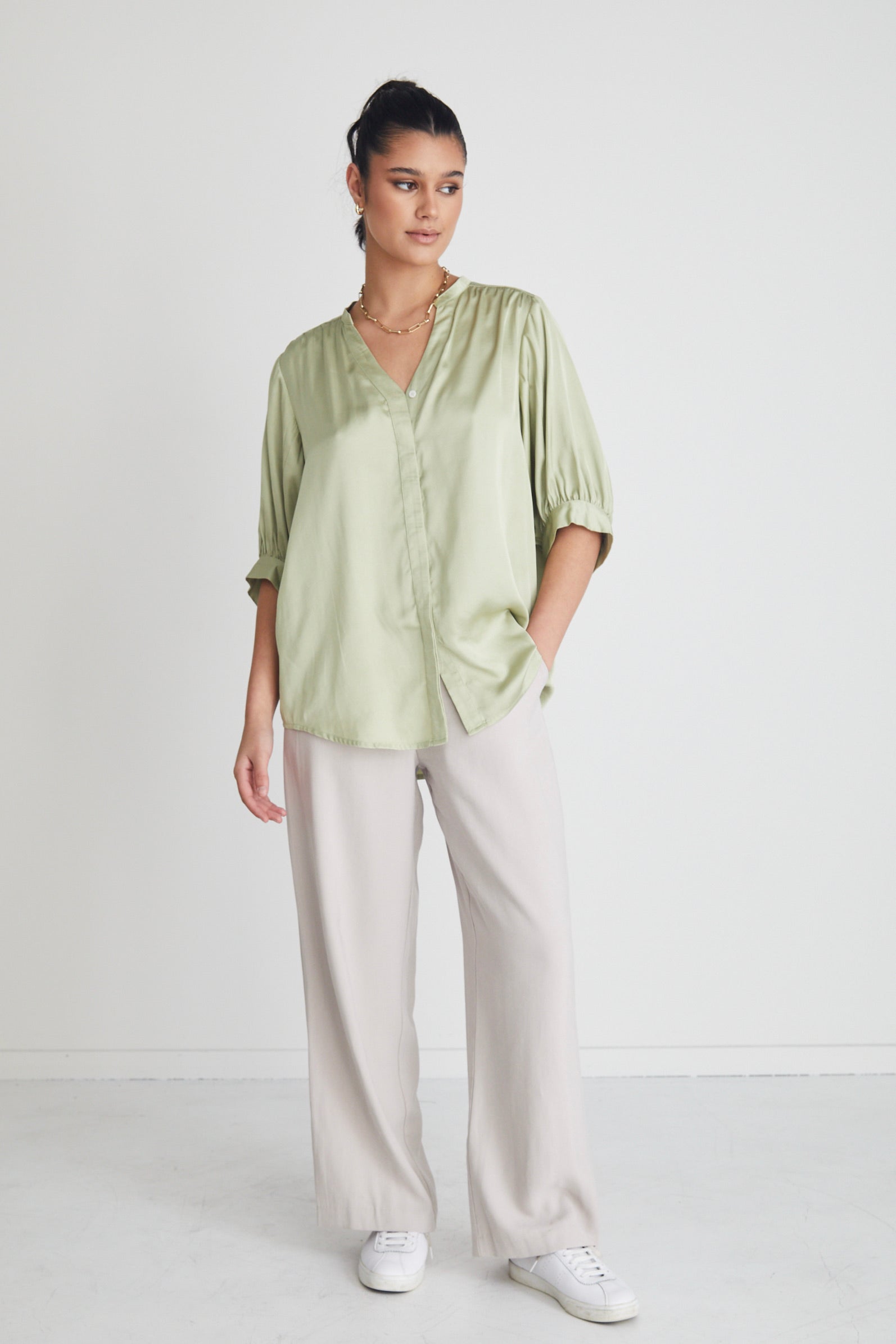 Deity Sage Satin Button-Down Blouse with Puff Sleeves - Elegant Women's Short Sleeve Top for Office, Date Night & Summer Outfits