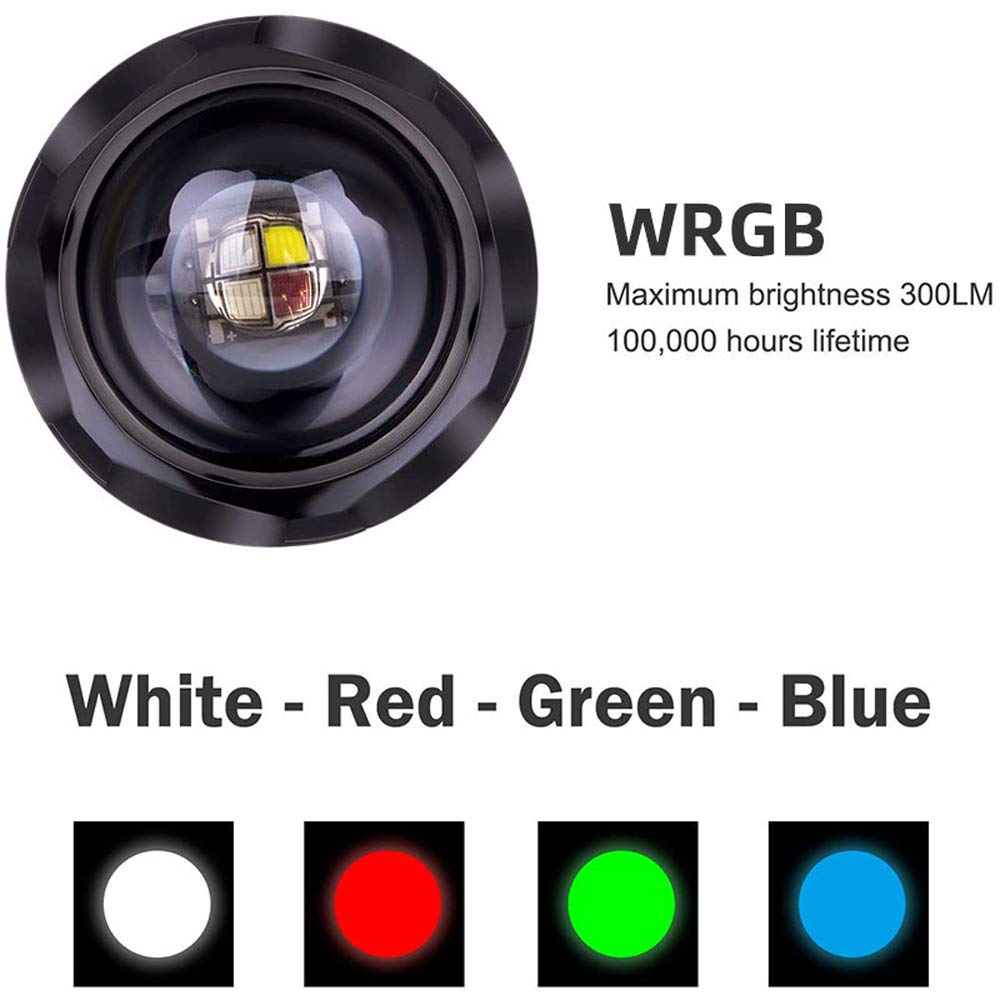 RaySoar 4-in-1 Multi-Color LED Flashlight with Red, Green, Blue & White Light for Night Observation, Hunting, Fishing, Camping & Emergency Use
