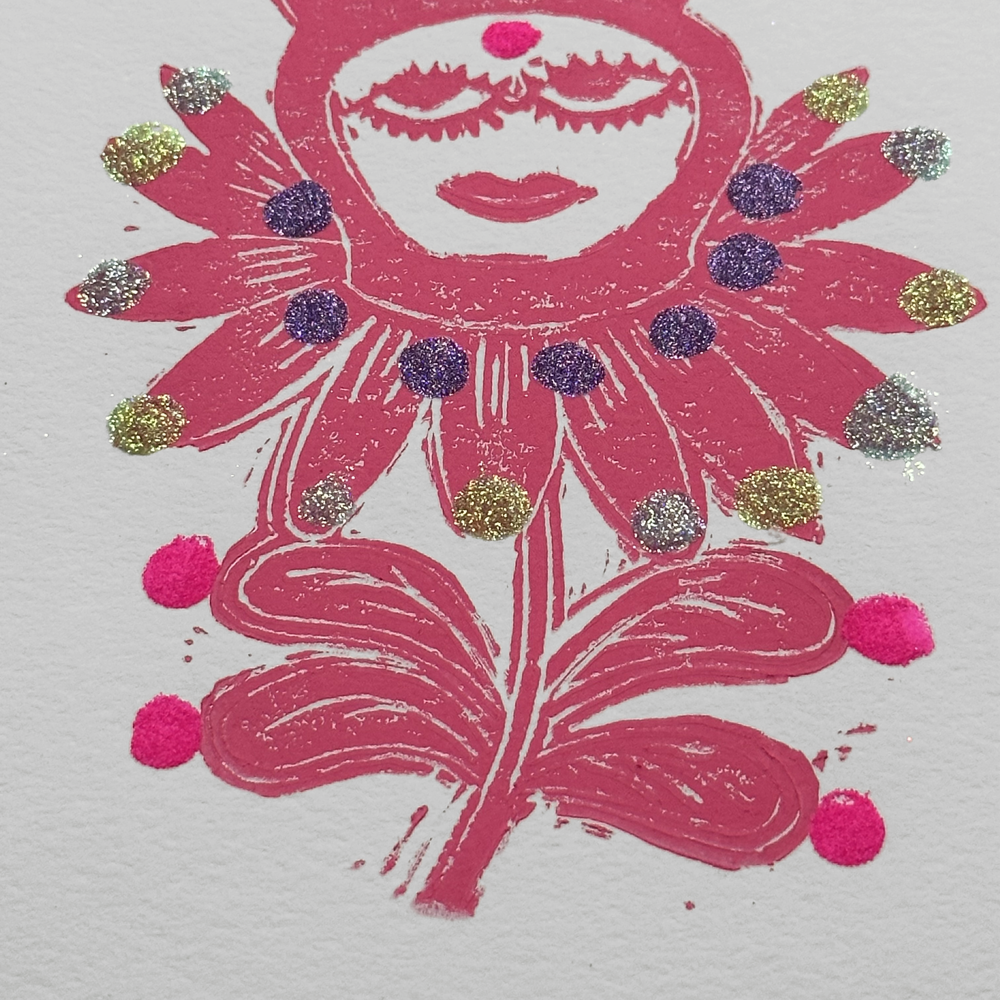 Handmade Block Printed Pink Bunny Flower Greeting Card - Perfect for Easter, Birthdays, and Spring Celebrations