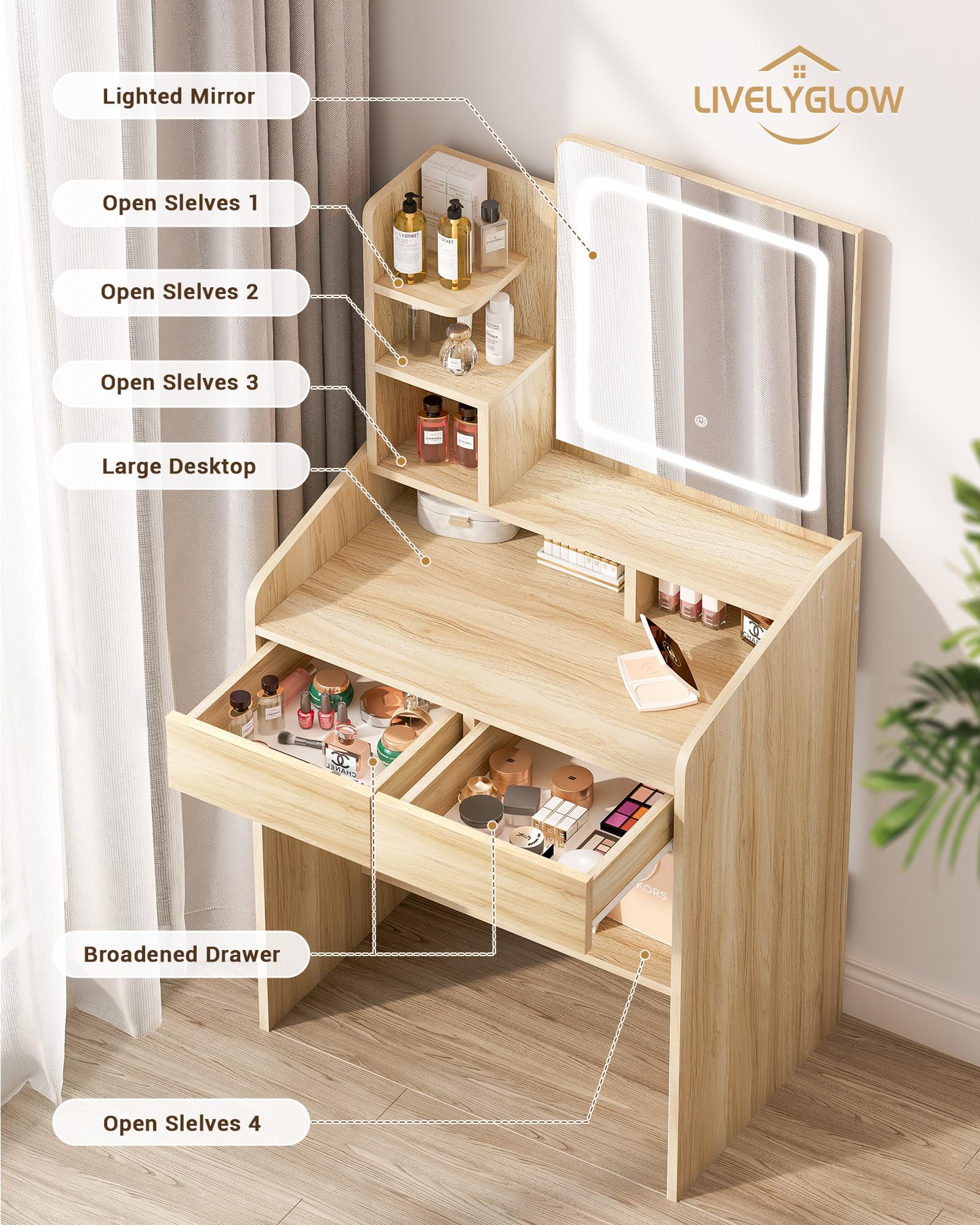 Elegant Small Vanity Desk Set with Square Mirror & LED Lights - Wooden Dressing Table with Storage Drawers - Perfect for Bedroom Makeup & Jewelry Organization