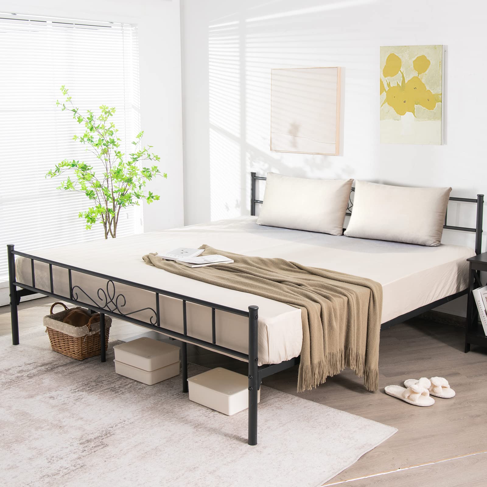 KOMFOTT King Size Metal Platform Bed Frame with Headboard & Footboard - Sturdy Reinforced Steel Slat Support, No Box Spring Required - Easy Assembly Black Bed Frame for Master Bedroom, Guest Room & Dorm