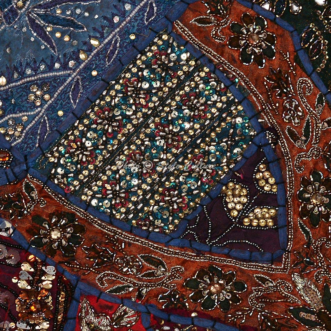 Ethnic Cotton Decorative Throw Pillow Covers 16x16 Inches - Dark Blue Beaded Sequins Patchwork Embroidered Cushion Covers for Sofa, Bed, Living Room (Set of 2) | Bohemian Home Decor, Perfect for Cozy Nights and Stylish Interior Design