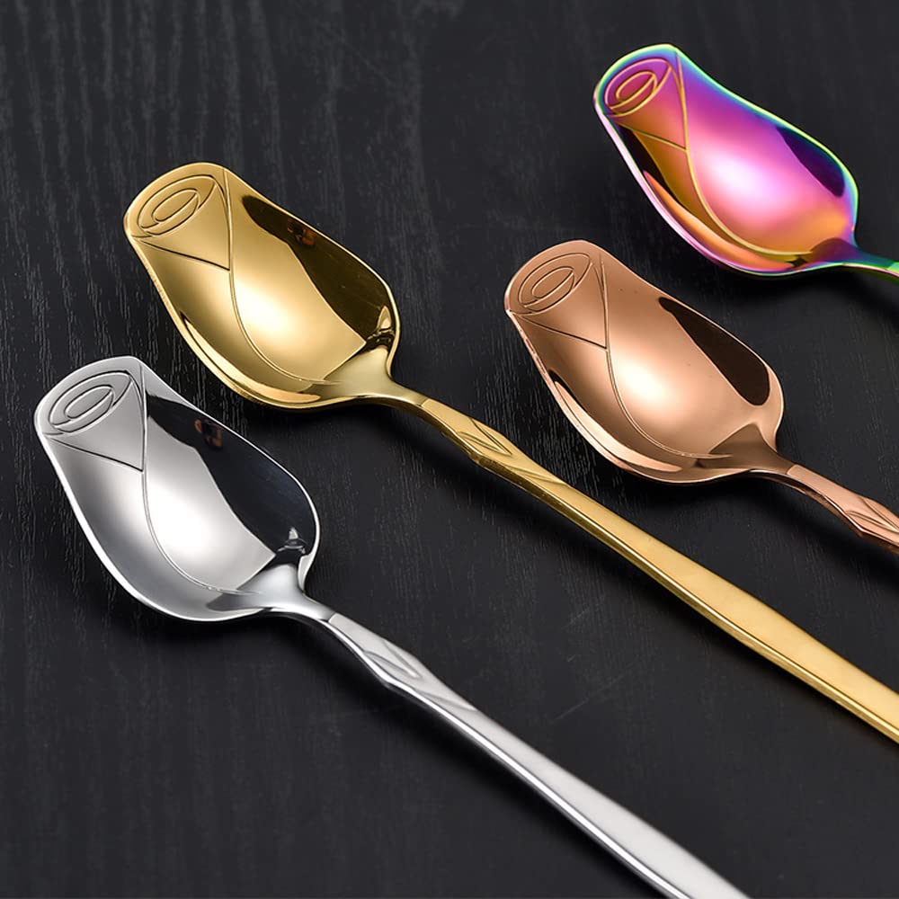 Premium 5-Pack Rose Gold Stainless Steel Spoons Set - Elegant Rose Flower Shaped Coffee, Dessert, Ice Cream & Tea Spoons - Perfect for Gifting, Parties, Dining & Holiday Celebrations