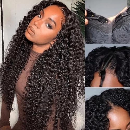 10A Brazilian V-Part Curly Human Hair Wig for Women - Glueless No Leave Out 150% Density Natural Black 20 Inch | Clip-in Half Wig for Daily Wear, Parties & Special Occasions