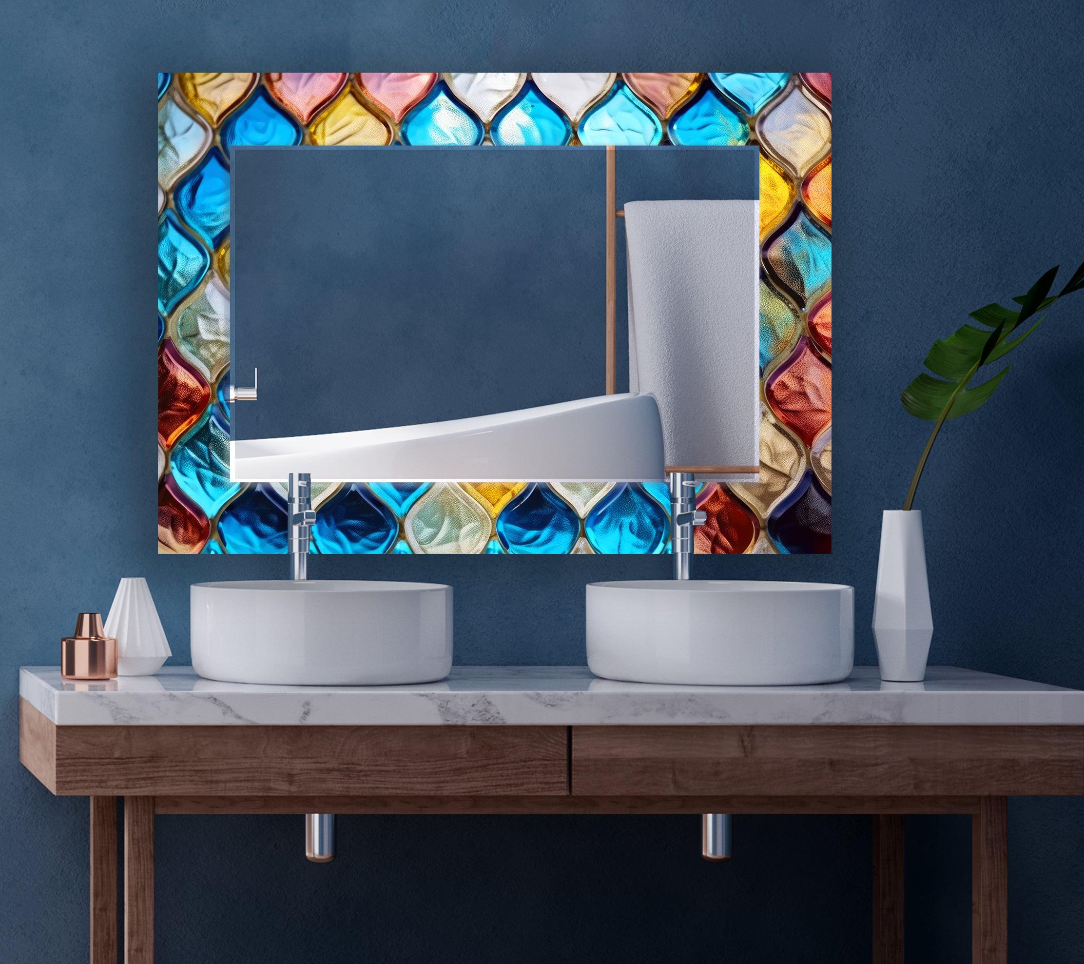 Blue Mosaic Stones Wall Mirror - Handcrafted Decorative Bathroom & Living Room Mirror with Stunning Glass Tile Design - Perfect for Home Decor, Vanity, and Entryway
