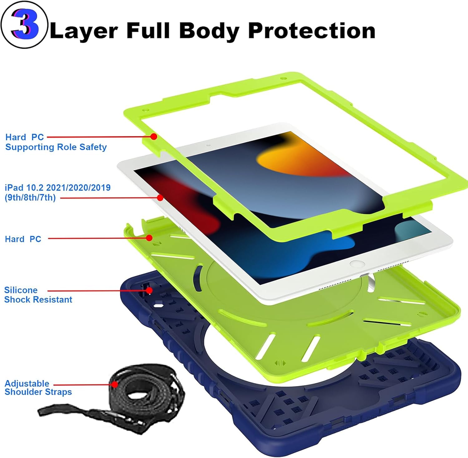 Heavy Duty Rotating iPad Case with Handle, Adjustable Strap & Pencil Holder - Compatible with iPad 7th/8th/9th Generation (10.2 Inch) - 360° Swivel Stand for Work, School & Travel