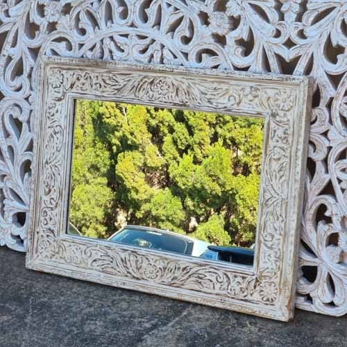 Hand Carved Indian Solid Wood Wall Mirror with Floral Pattern - White Wash 80x60cm - Elegant Home Decor for Living Room, Bedroom & Entryway