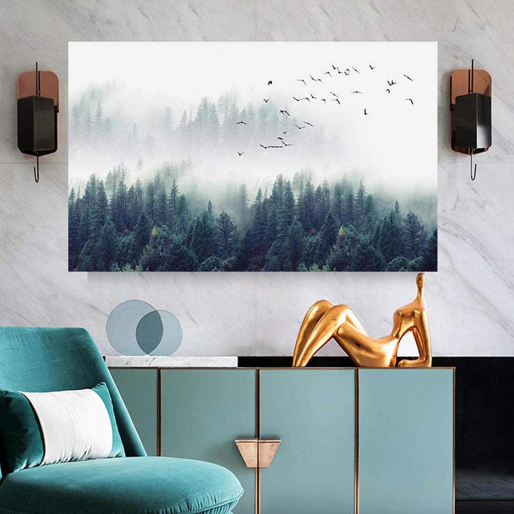 ZENDA Foggy Forest Wall Art - Mountain Landscape Painting with Birds - Framed Canvas Print for Living Room & Home Decor - Perfect for Nature Lovers & Cozy Spaces