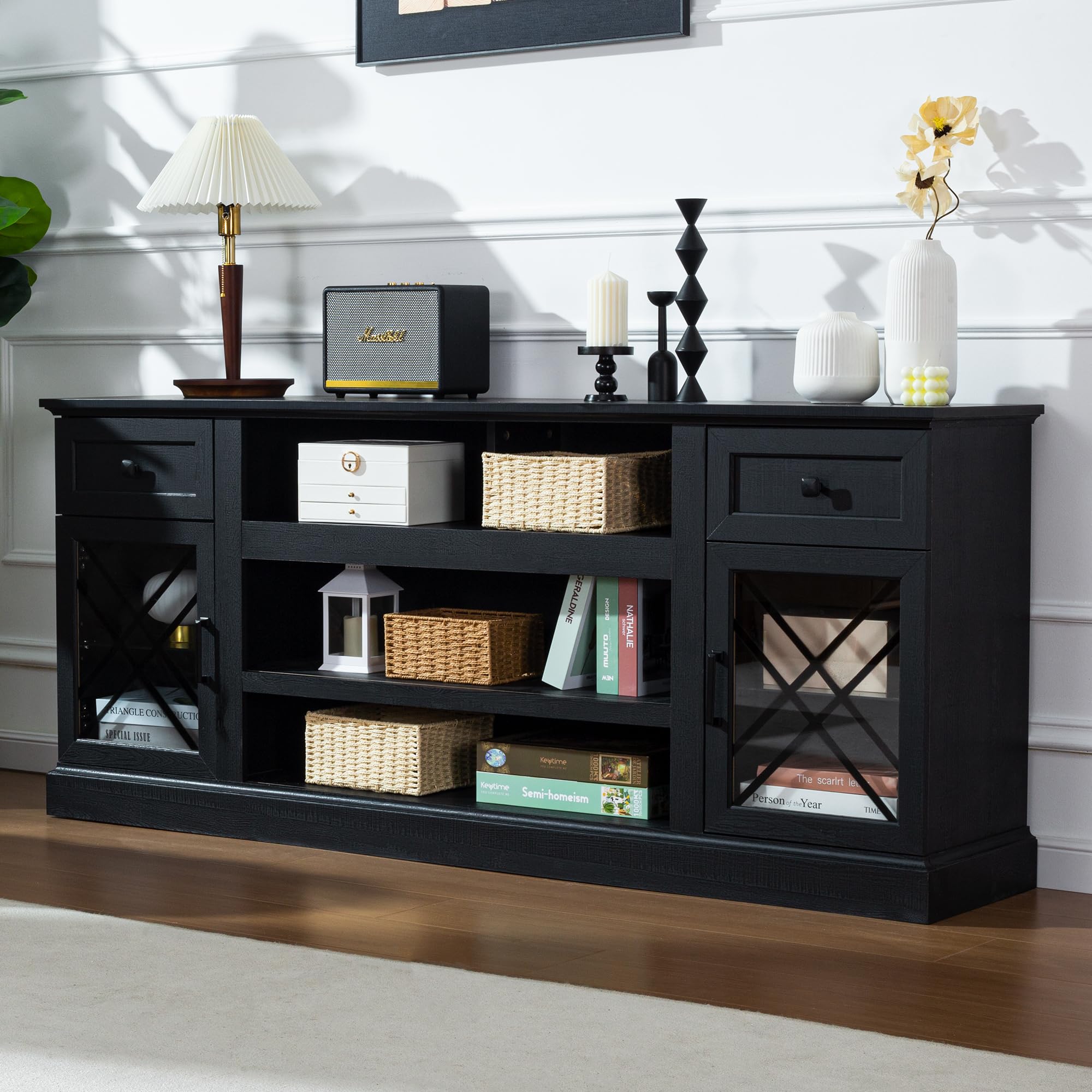 70 Inch Modern Farmhouse TV Stand for 80 Inch TVs - Wooden Entertainment Center with LED Lights & Glass Doors - Living Room & Bedroom Storage Cabinet (Black) | Perfect for Home Theater Setup & Media Organization