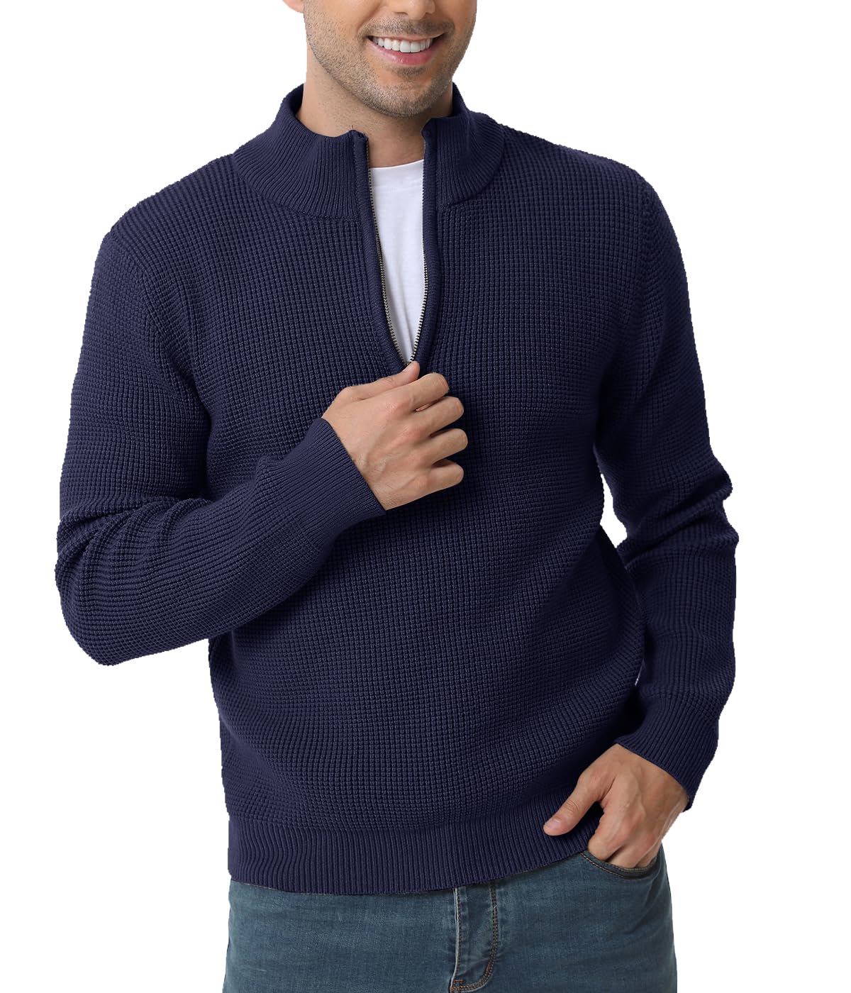 ALLOVIN Men's Quarter Zip Sweater - Waffle Knit 1/4 Zip Mock Neck Long Sleeve Pullover for Fall & Winter | Casual Office Wear, Outdoor Activities, Layering Essential