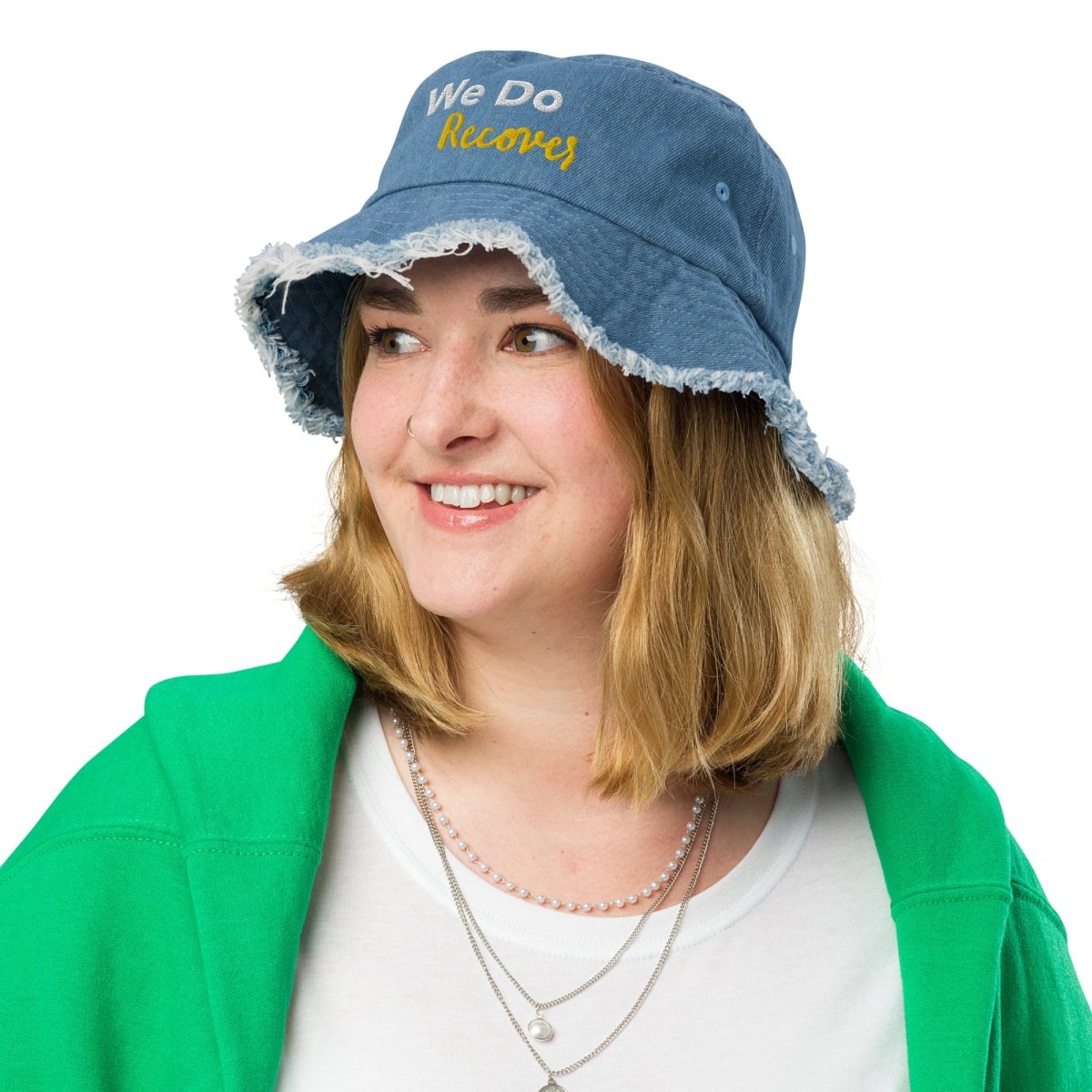 Distressed Denim Bucket Hat with 'We Do Recover' Embroidery - Vintage Style Unisex Cap for Outdoor Activities, Concerts & Streetwear Fashion
