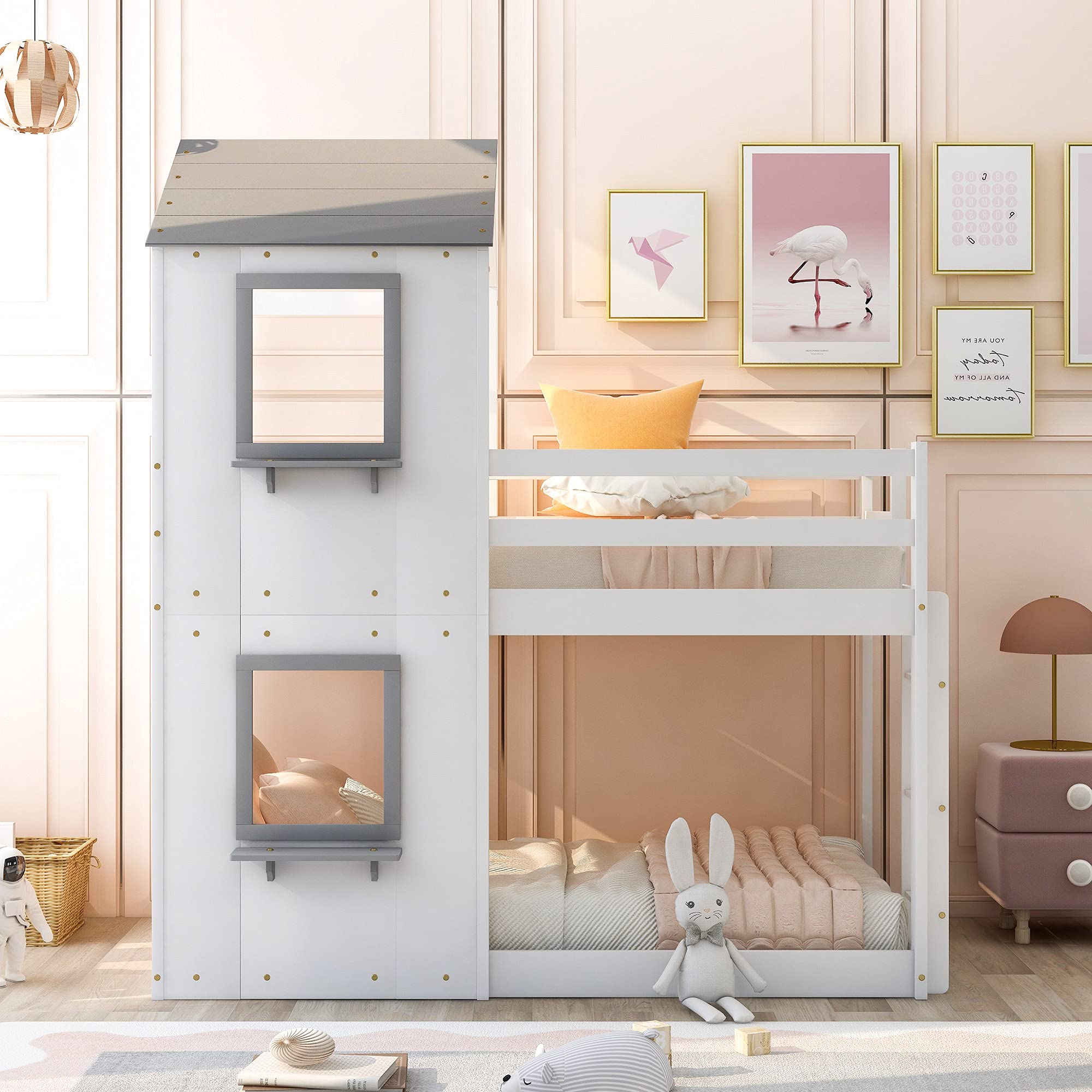 Kids House Shaped Bunk Bed with Roof, Window & Safety Guardrail - Twin Over Twin Loft Bed with Ladder for Boys & Girls - Beautiful White Design - Perfect for Bedrooms, Playrooms & Small Spaces