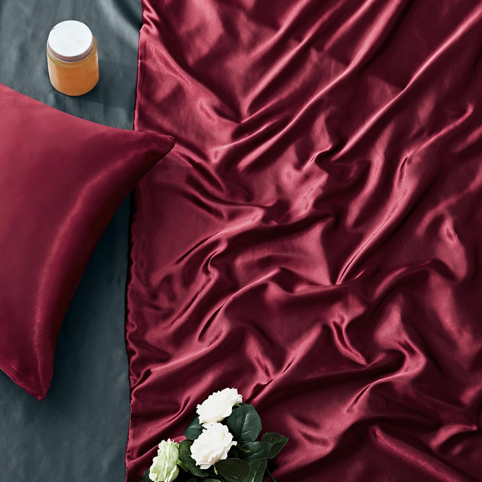 6Pcs Maroon Satin Duvet Cover Set Queen Size - Soft Cooling Comforter Cover with Fitted Sheet & Pillowcases for Luxurious Bedroom Decor