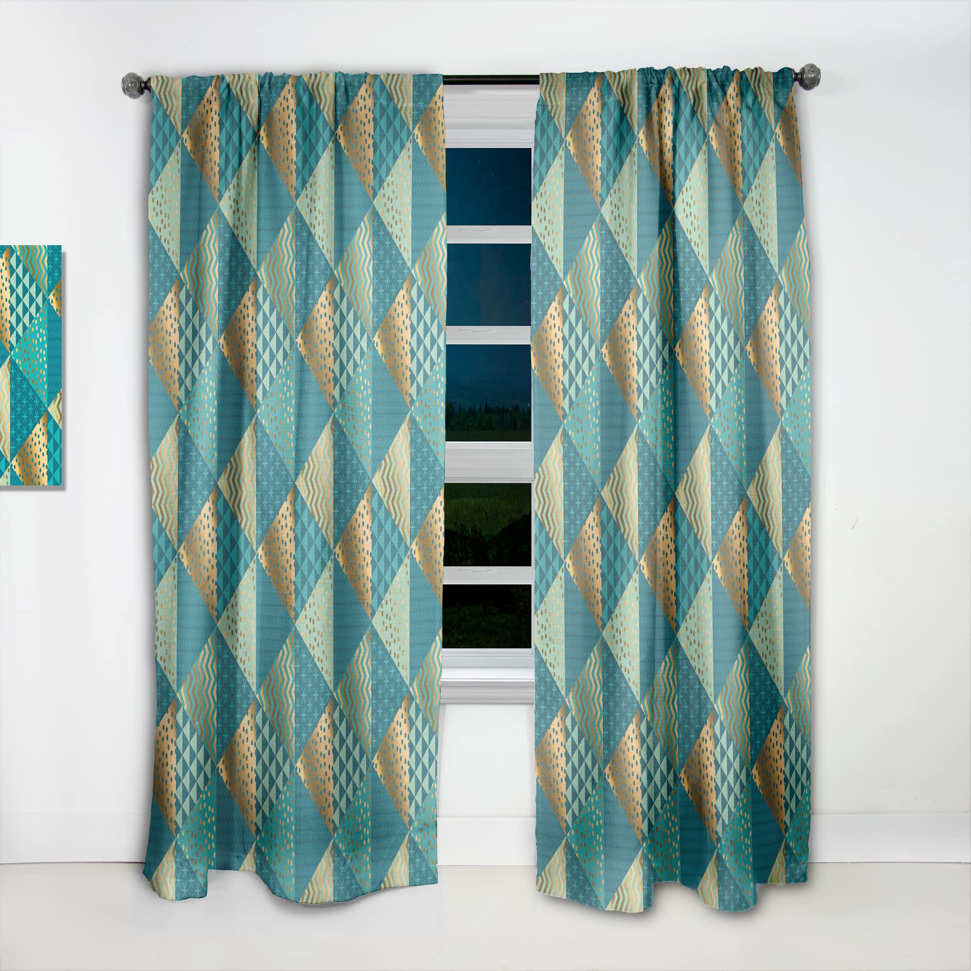 DesignQ Gold & Blue Modern Curtains - Thermal Insulated Single Panel (52x120) for Bedroom & Living Room - Elegant Window Drapes for Home Decor & Light Control