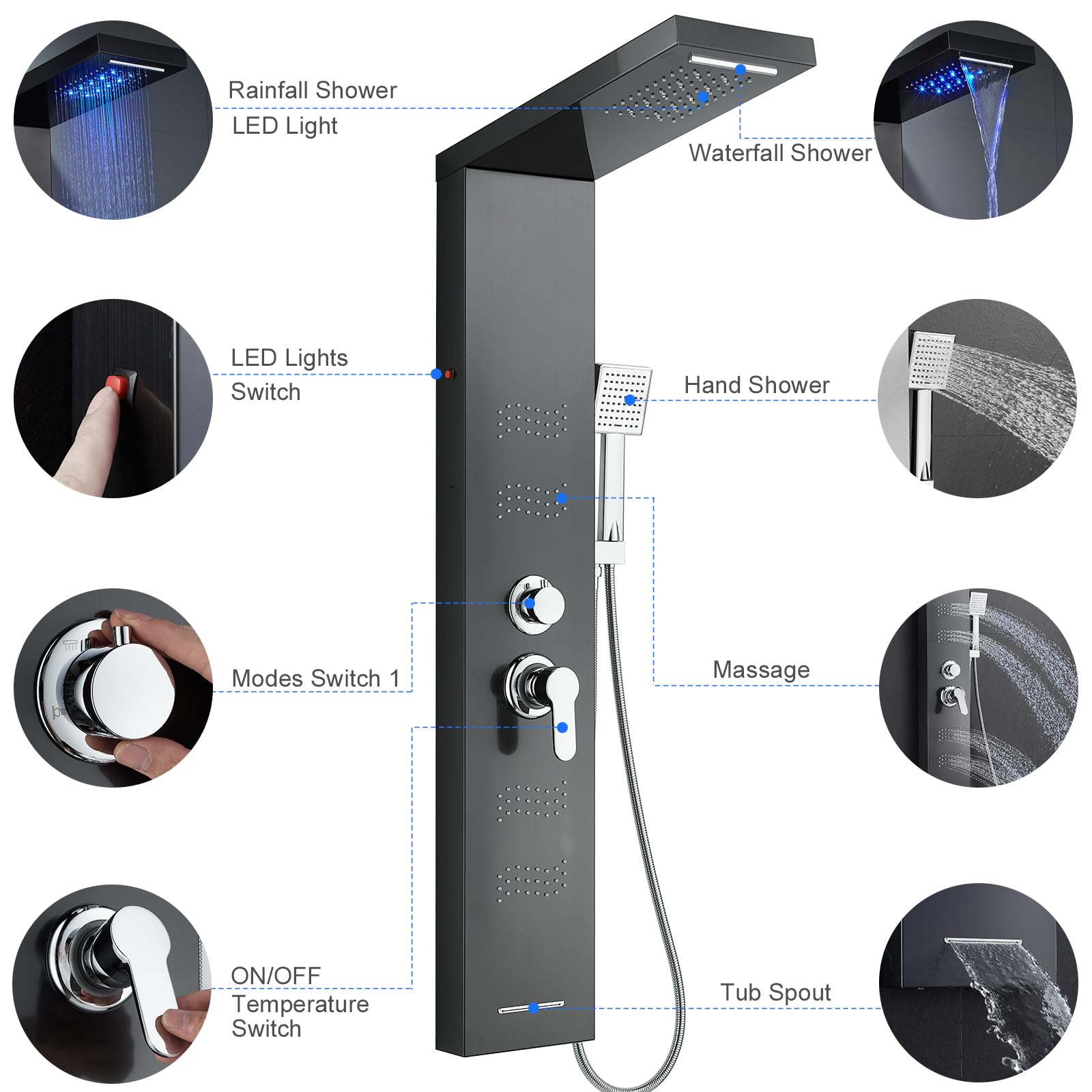 Premium Black Stainless Steel 5-in-1 LED Shower Panel Tower System with Rainfall Shower Head, Waterfall Spray, Body Jets & Handheld Shower - Luxury Bathroom Upgrade for Spa-Like Experience at Home