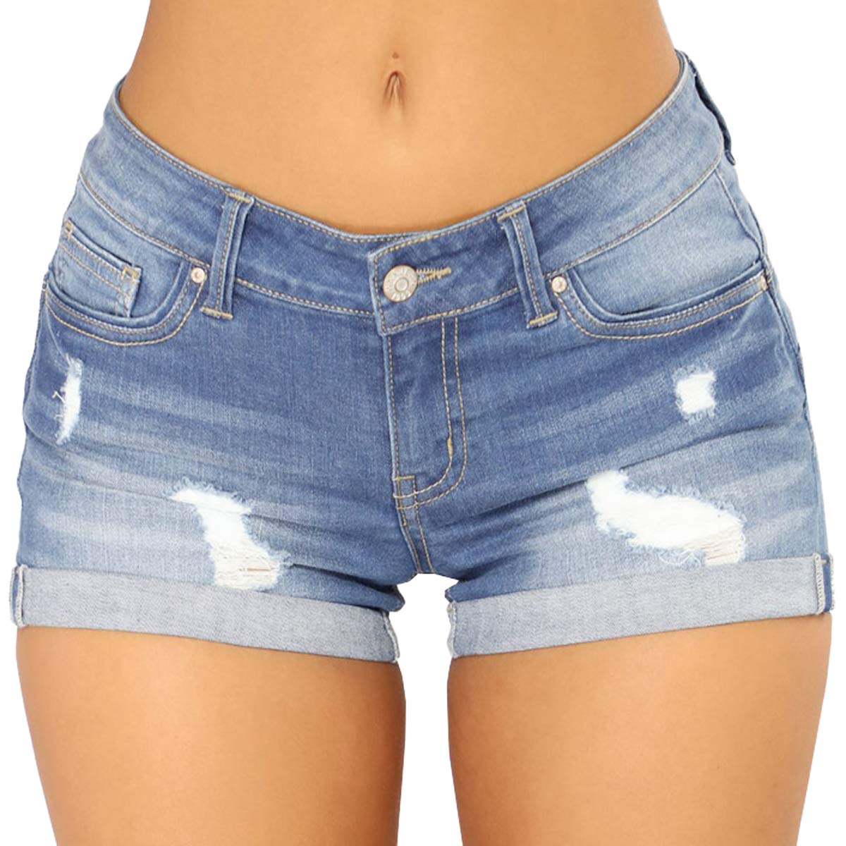 Vanberfia Women's Stretch Denim Mid Rise Jean Shorts with Pockets - Comfortable & Stylish Casual Summer Shorts for Beach, Shopping and Outdoor Activities