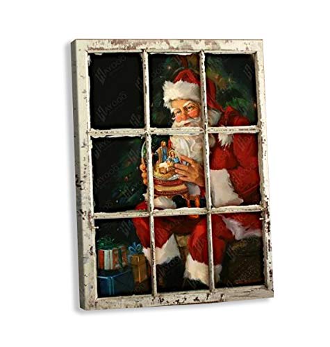 FADALO ART Christmas Eve Canvas Wall Art - Santa Claus & Gifts White Rustic Fake Window Quotes Poster - Modern Framed Picture for Bathroom, Bedroom, Living Room Decor - 24