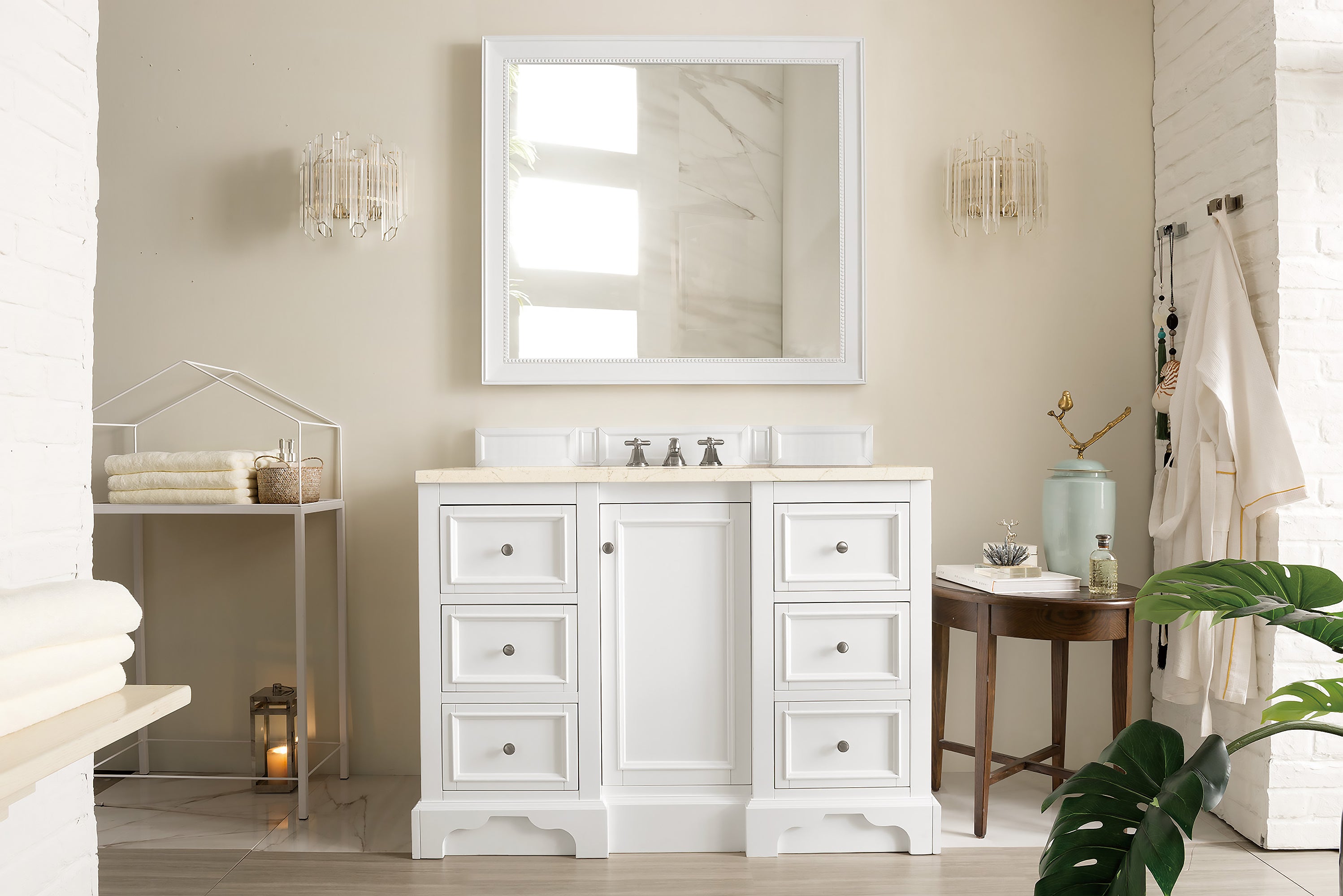 De Soto 48 Inch Single Bathroom Vanity Set with 3CM Eternal Marfil Quartz Countertop in Bright White - Perfect for Modern Bathroom Renovations and Small Space Solutions