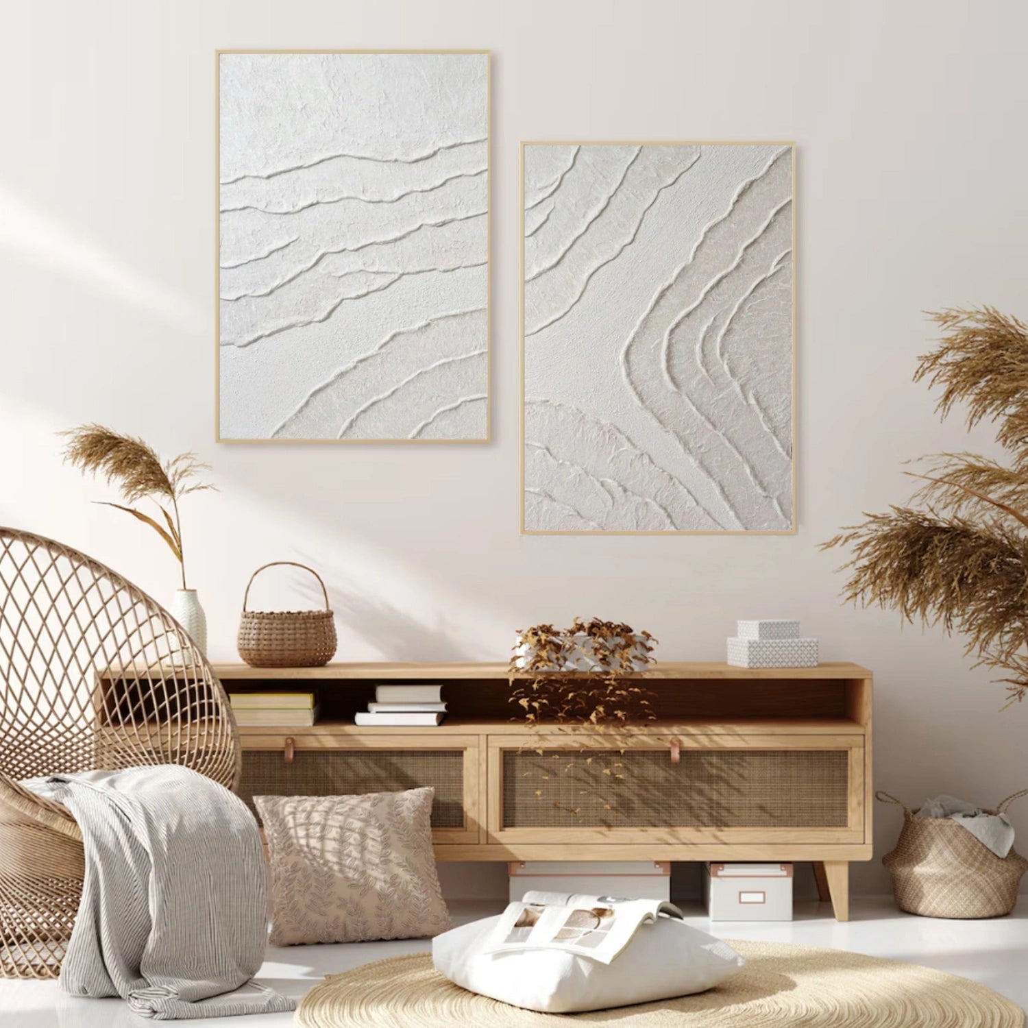 White Minimalist Textured Painting Canvas Set of 2 - Modern Abstract Wall Art for Living Room & Bedroom Decor #MM305