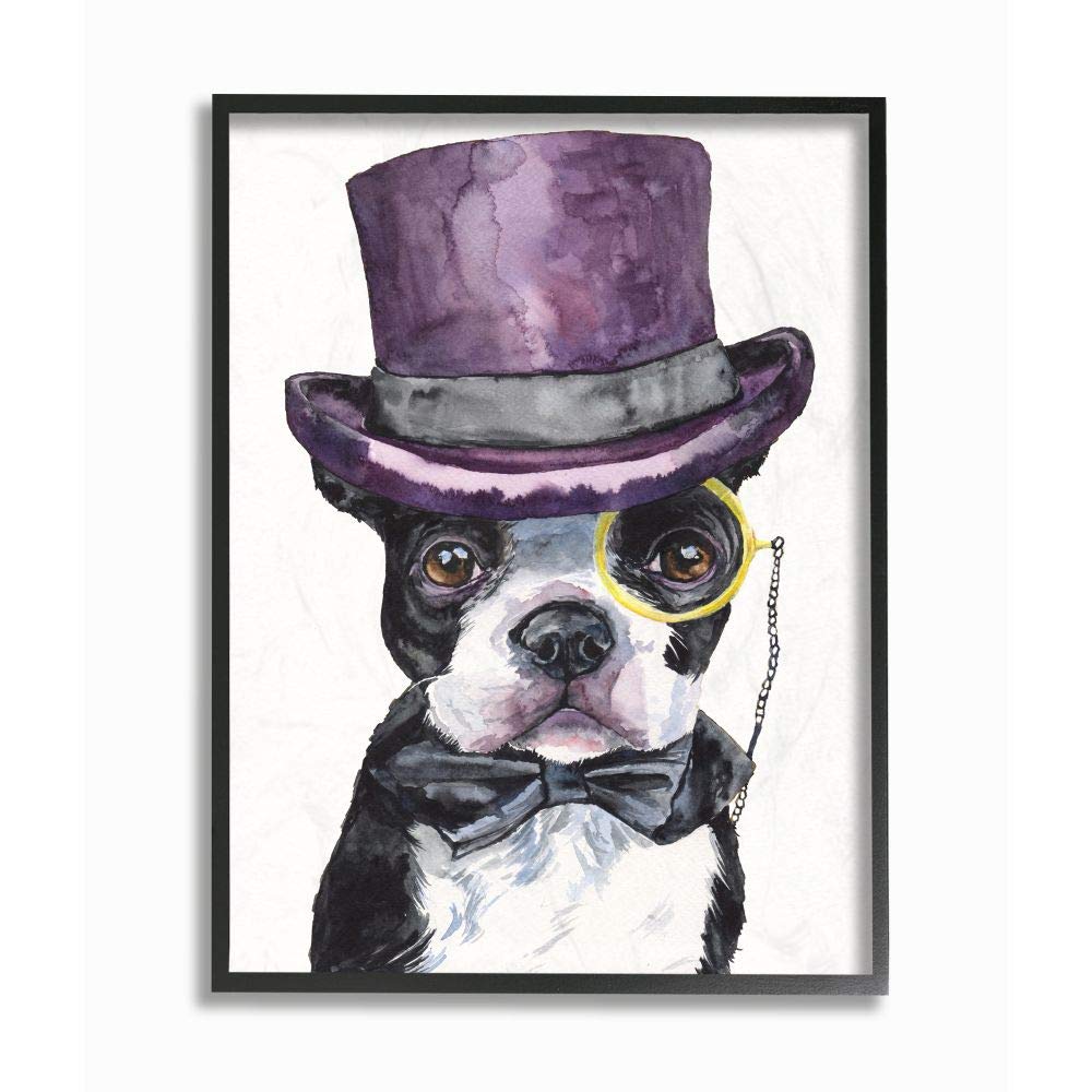 Stupell Industries Boston Terrier with Hat Dog Pet Animal Watercolor Painting - Black Framed Wall Art Decor, 24x30 Inches, Multicolor - Perfect for Living Room, Bedroom & Office Decor