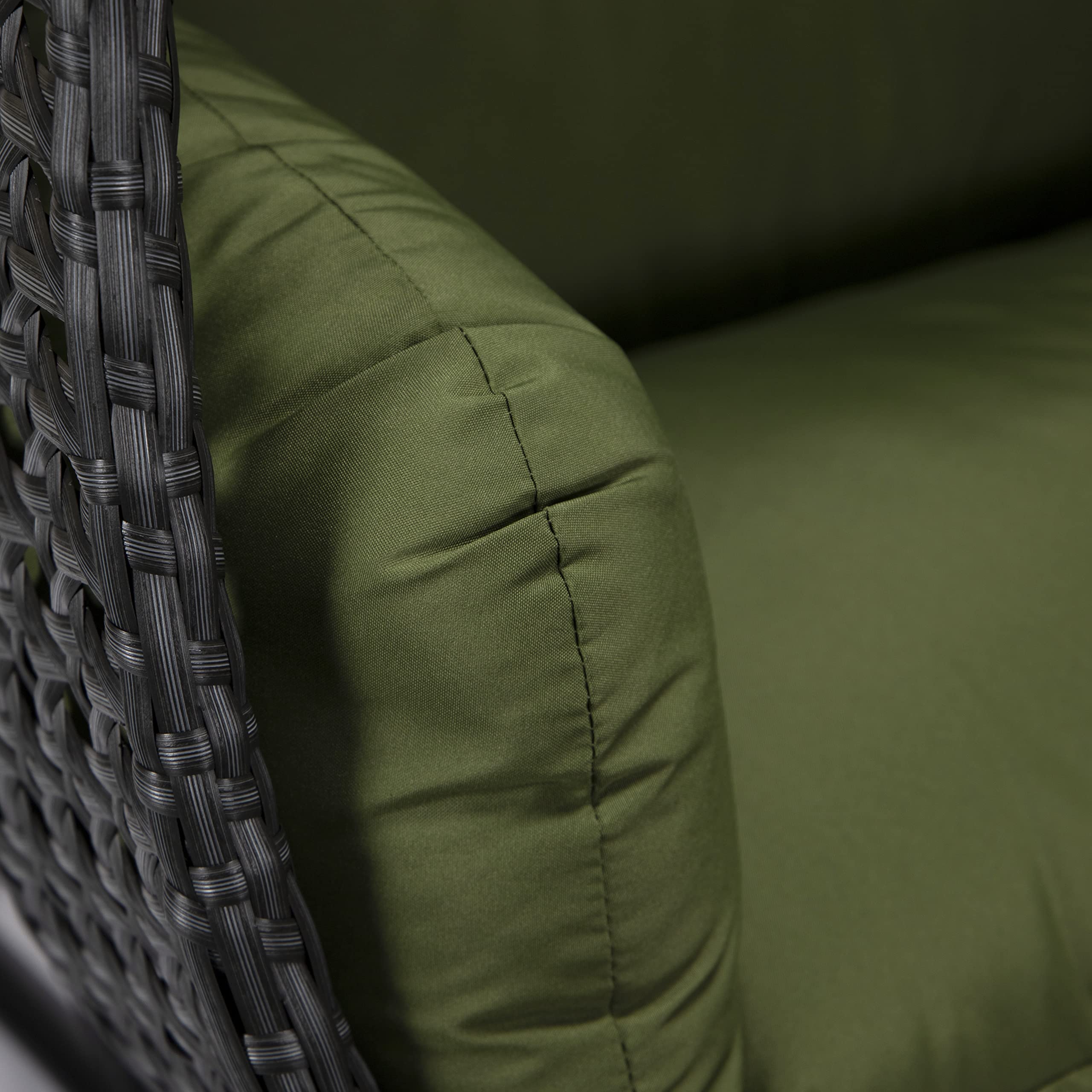 LeisureMod Mendoza Charcoal Wicker 2-Person Hanging Egg Chair with Stand & Cushions - Indoor/Outdoor Patio Swing for Garden, Porch, Backyard - Dark Green - Perfect for Relaxing, Lounging & Reading