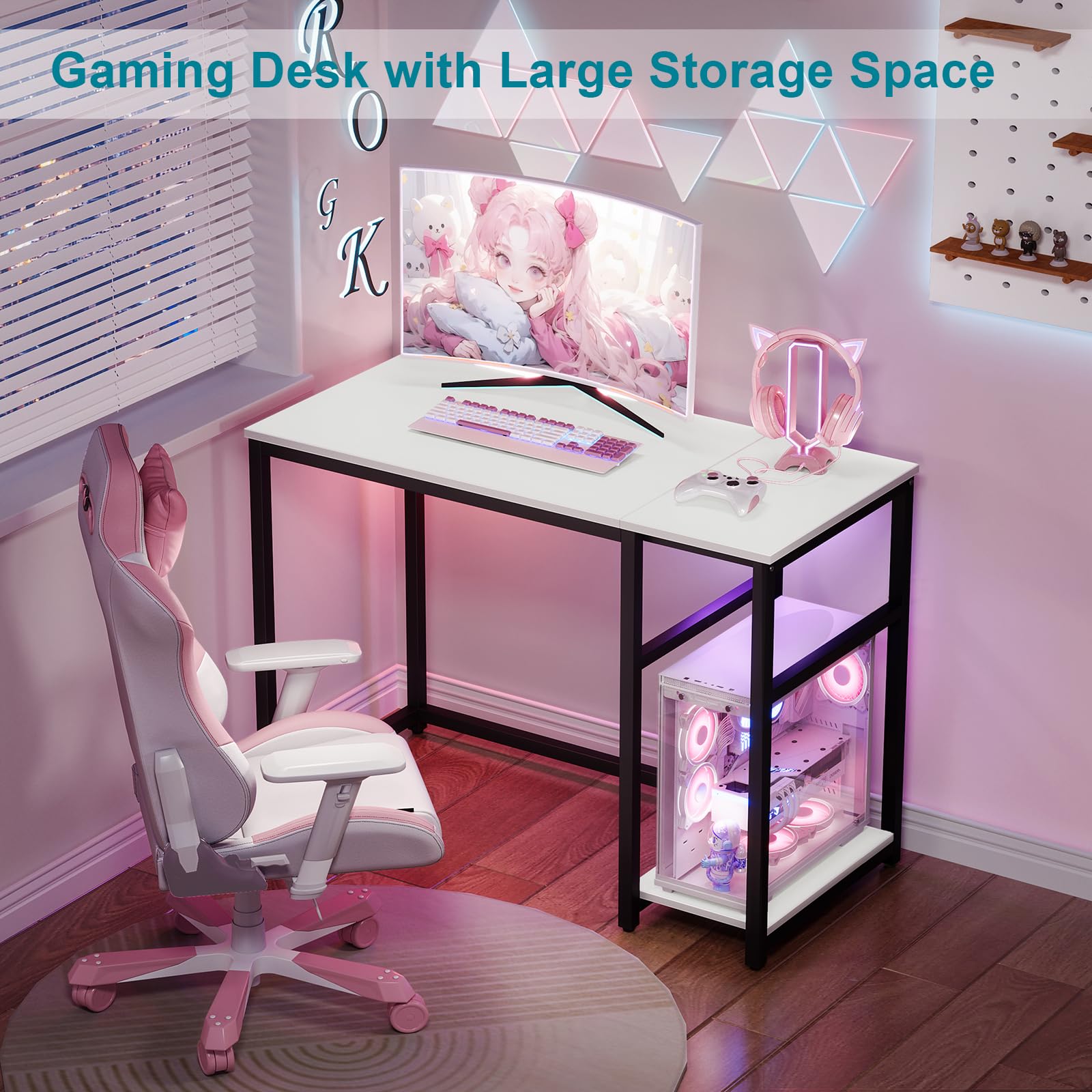 SINPAID 47-inch Modern Computer Desk with 2-Tier Shelves - Sturdy Home Office & Gaming Desk, Large Storage Space, Study Writing Laptop Table (White) - Perfect for Small Spaces, Work from Home & Online Classes