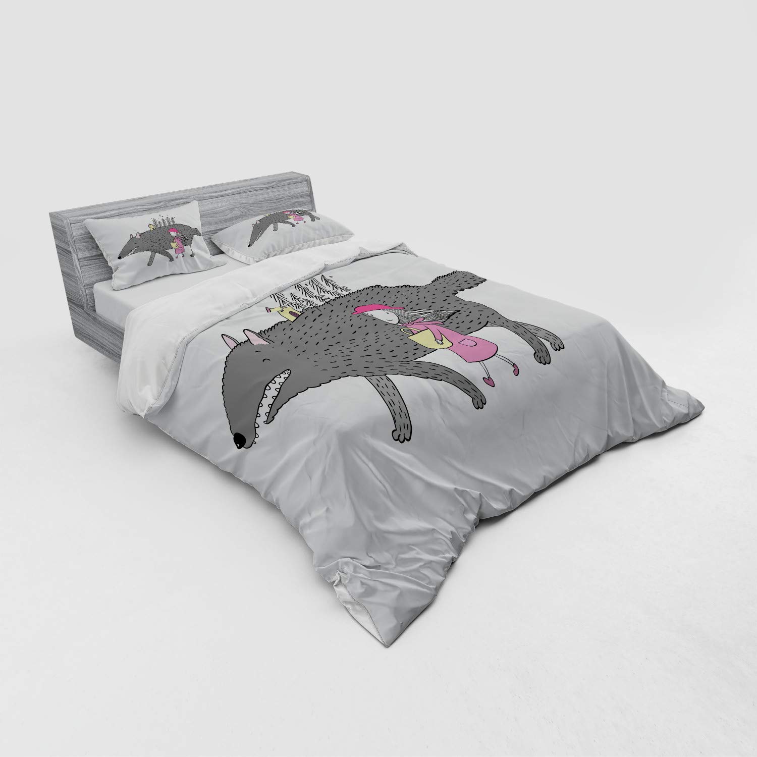 Ambesonne Fantasy Bedding Set - Queen Size 4-Piece Duvet Cover with Shams & Fitted Sheet, Pink Grey Peach Design Featuring Girl in Pink Dress Walking with Giant Wolf in Fir Forest | Perfect for Teen Girls' Rooms, Fantasy Themed Bedrooms & Cozy Cabin Retreats