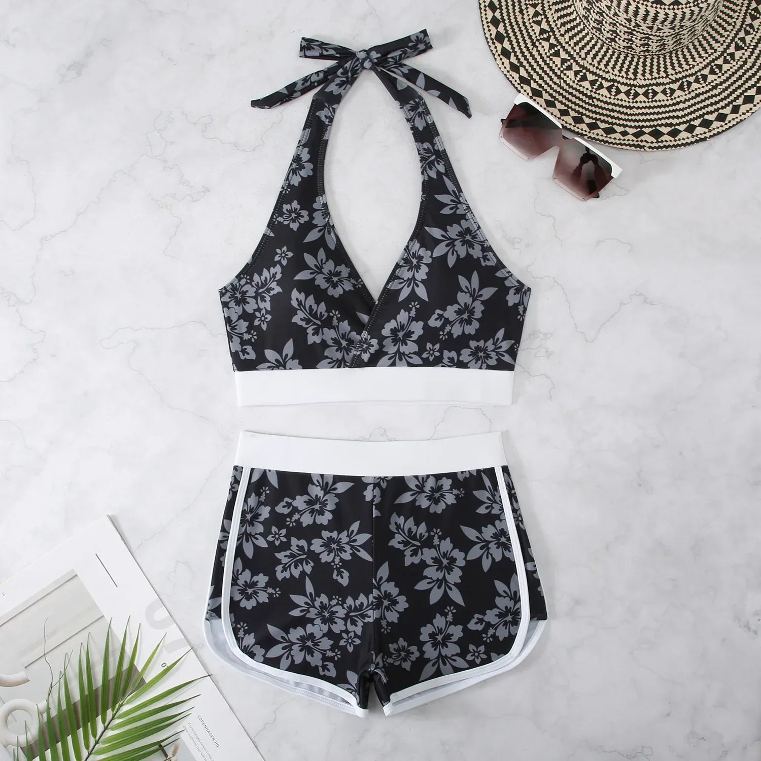 Women's Sexy High Waist V-Neck 2 Piece Tankini Bikini Set with Flower Print & Suspender Halter - Perfect for Summer Beach Vacations, Pool Parties, and Tropical Getaways