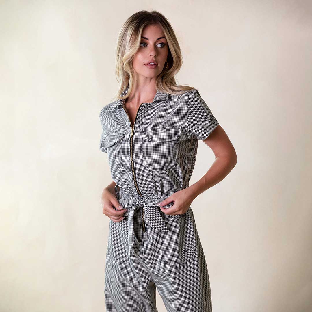 Stylish Houndstooth Print City Jumpsuit for Women - Trendy One-Piece Romper with Pockets | Perfect for Office Wear, Casual Outings & Night Events