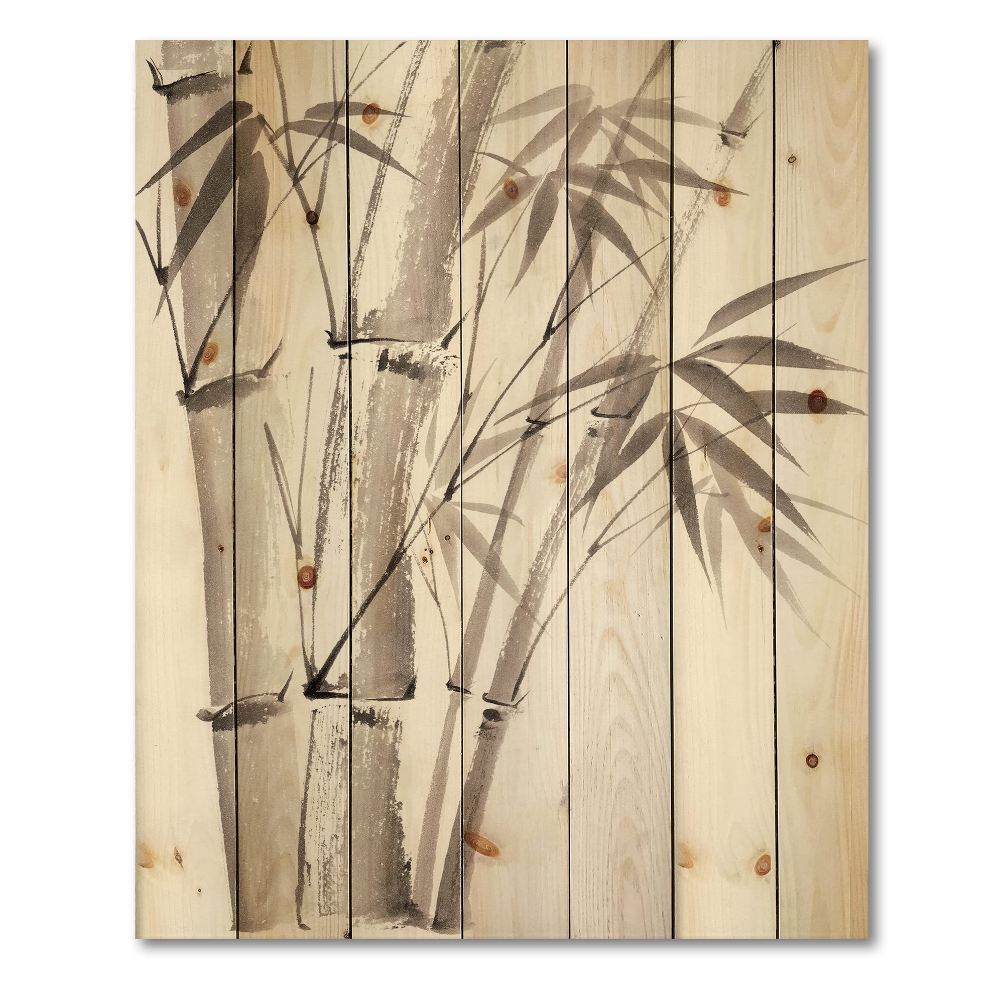 DesignQ Palm Bamboo Detail III Traditional Wood Wall Decor - Grey Floral Wood Art Panel, Large Natural Pine Wood Wall Hanging for Living Room, Bedroom & Office Decor