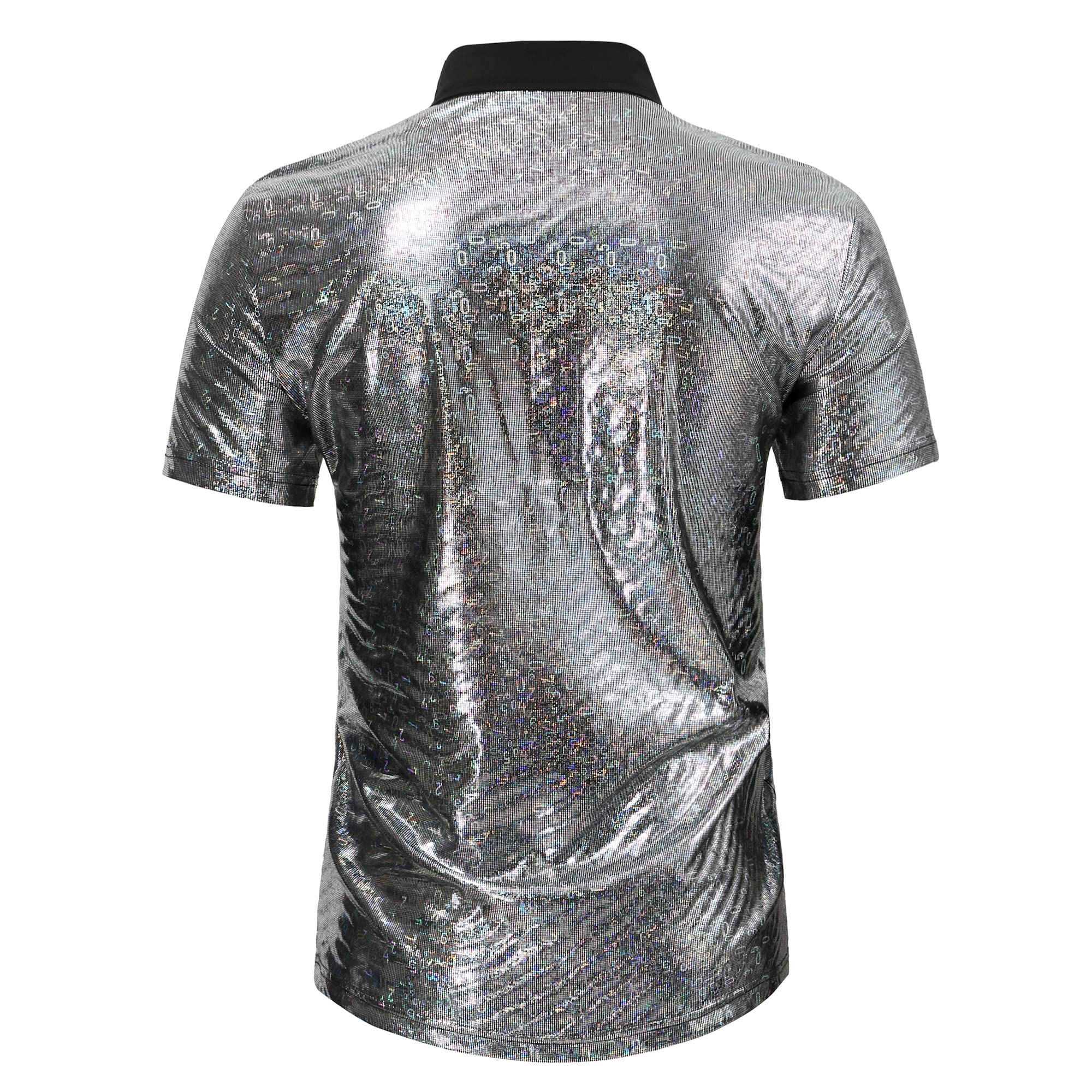 WULFUL Men's Disco Shirt with Sequins - 70s Style Short Sleeve Button Down Party Shirt for Costume, Club Wear & Retro Themed Events