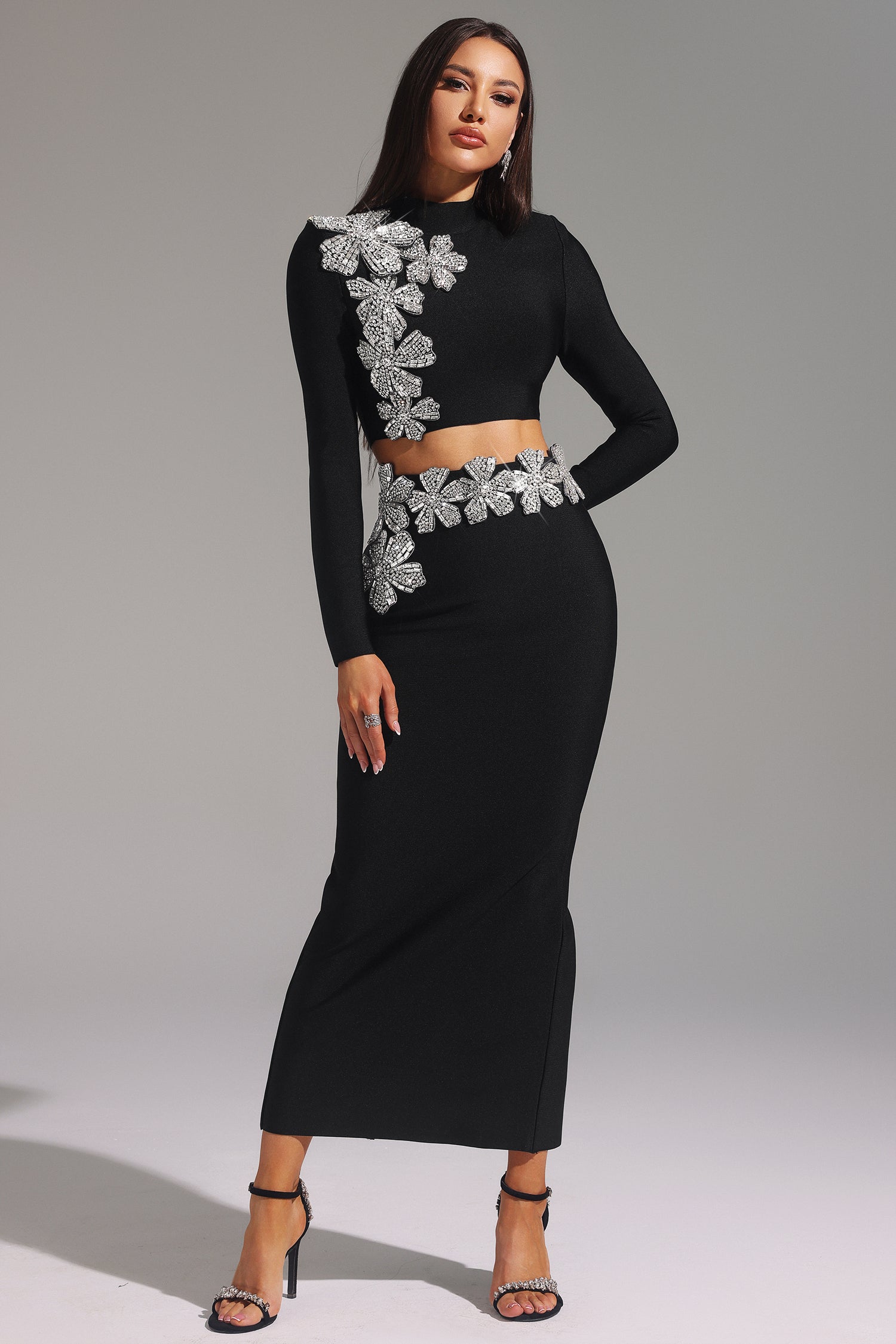 Ulama Choker Long Sleeve Diamond Flowers Bandage Maxi Two Piece Set - Elegant Women's Party Outfit for Evening Events, Date Nights & Special Occasions
